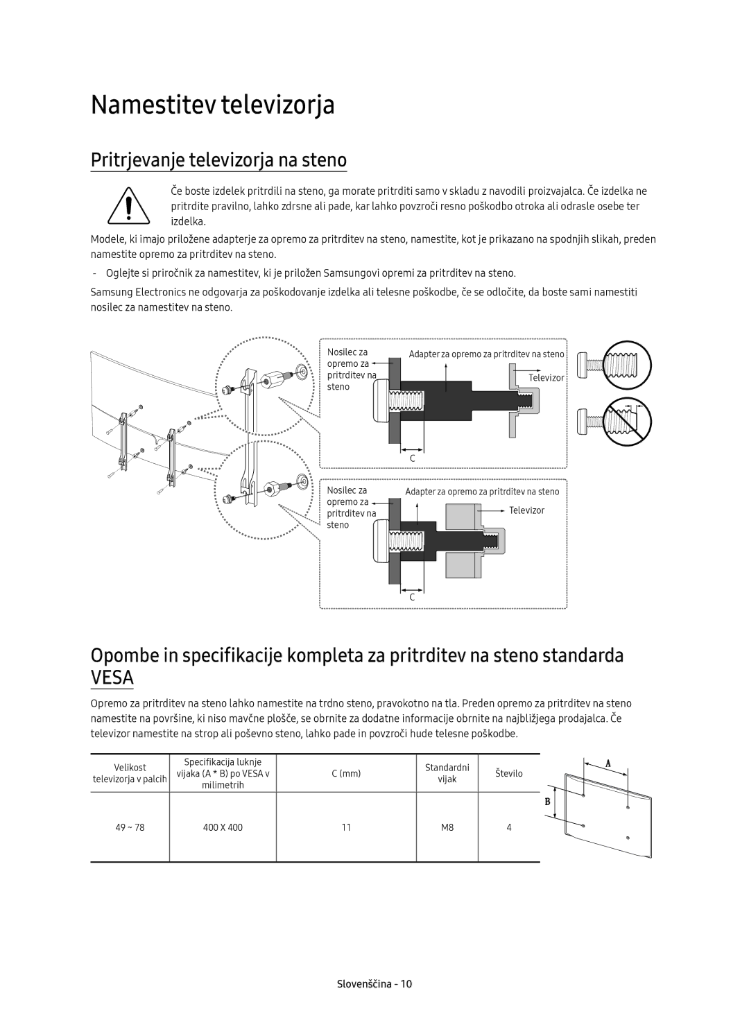 Samsung UE55KS9000LXXN, UE49KS9002TXXH, UE65KS9000LXXH manual Namestitev televizorja, Pritrjevanje televizorja na steno 