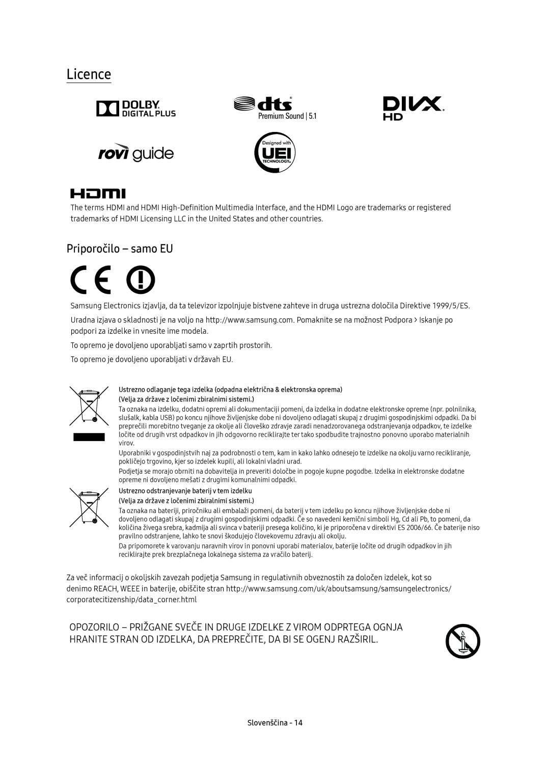 Samsung UE55KS9000LXXH, UE49KS9002TXXH, UE65KS9000LXXH, UE49KS9000LXXH, UE65KS9000LXXN manual Licence, Priporočilo samo EU 