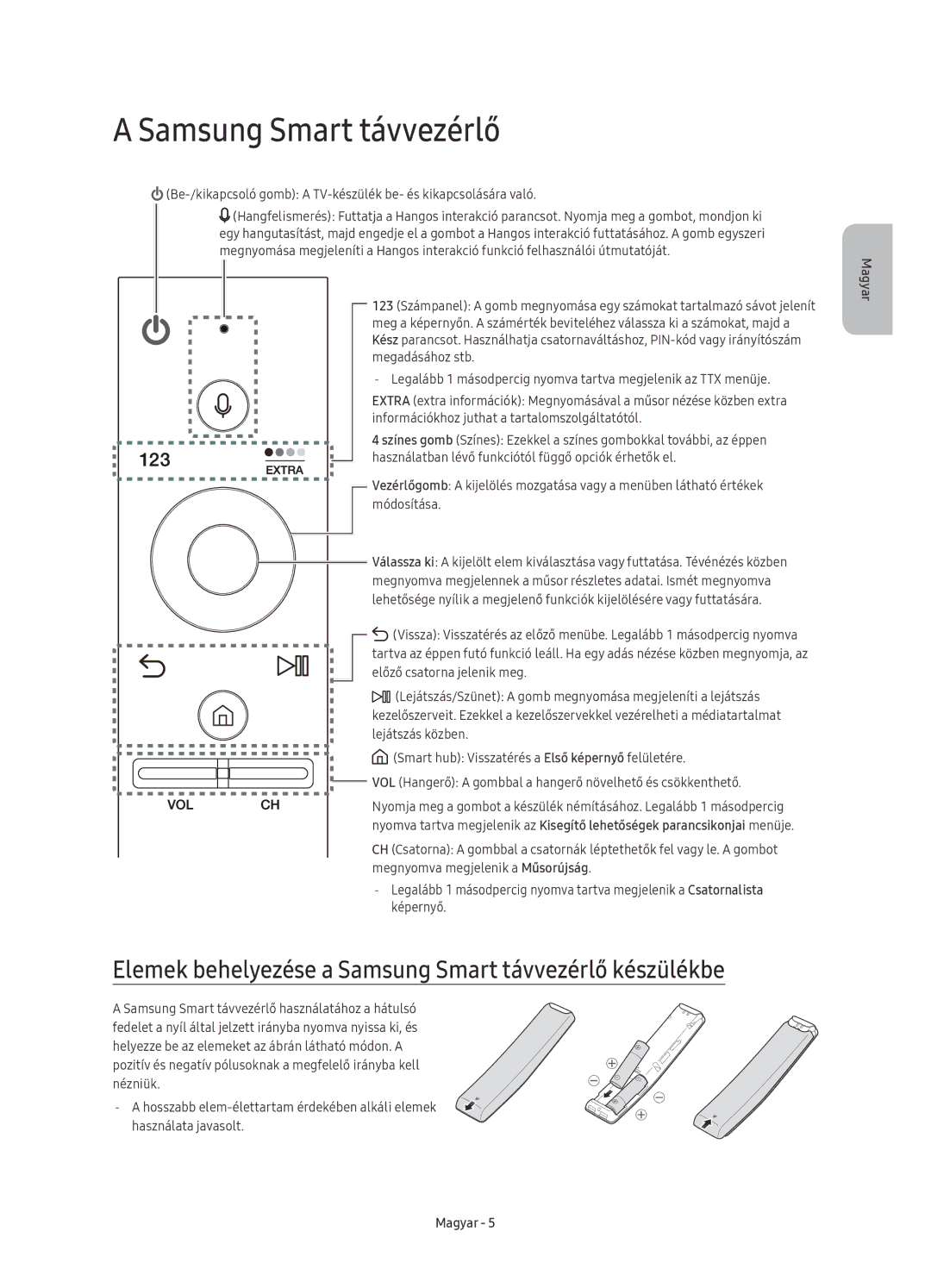 Samsung UE78KS9002TXXH, UE49KS9002TXXH, UE65KS9000LXXH manual Elemek behelyezése a Samsung Smart távvezérlő készülékbe 