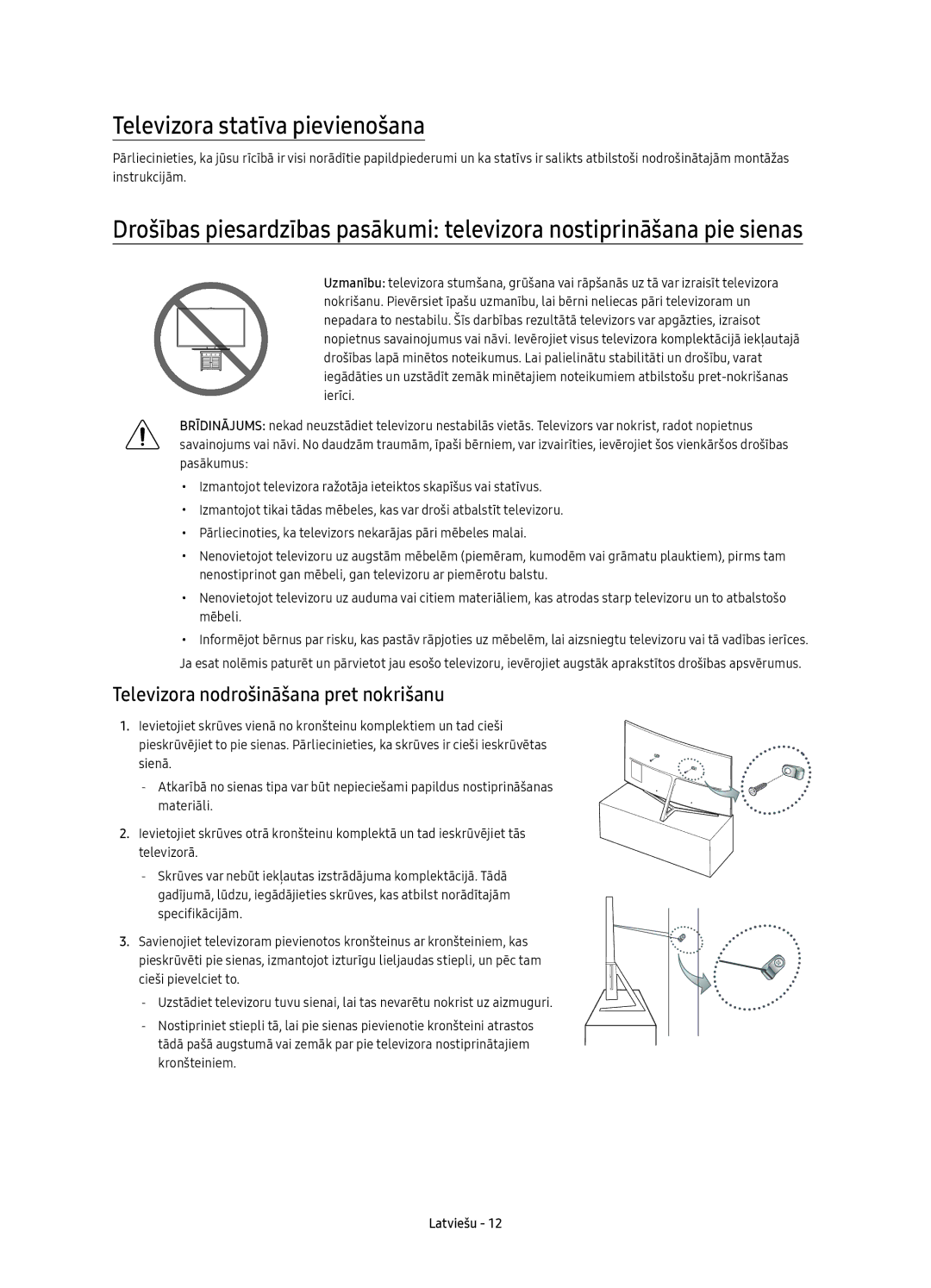 Samsung UE55KS9000LXXH, UE49KS9002TXXH manual Televizora statīva pievienošana, Televizora nodrošināšana pret nokrišanu 