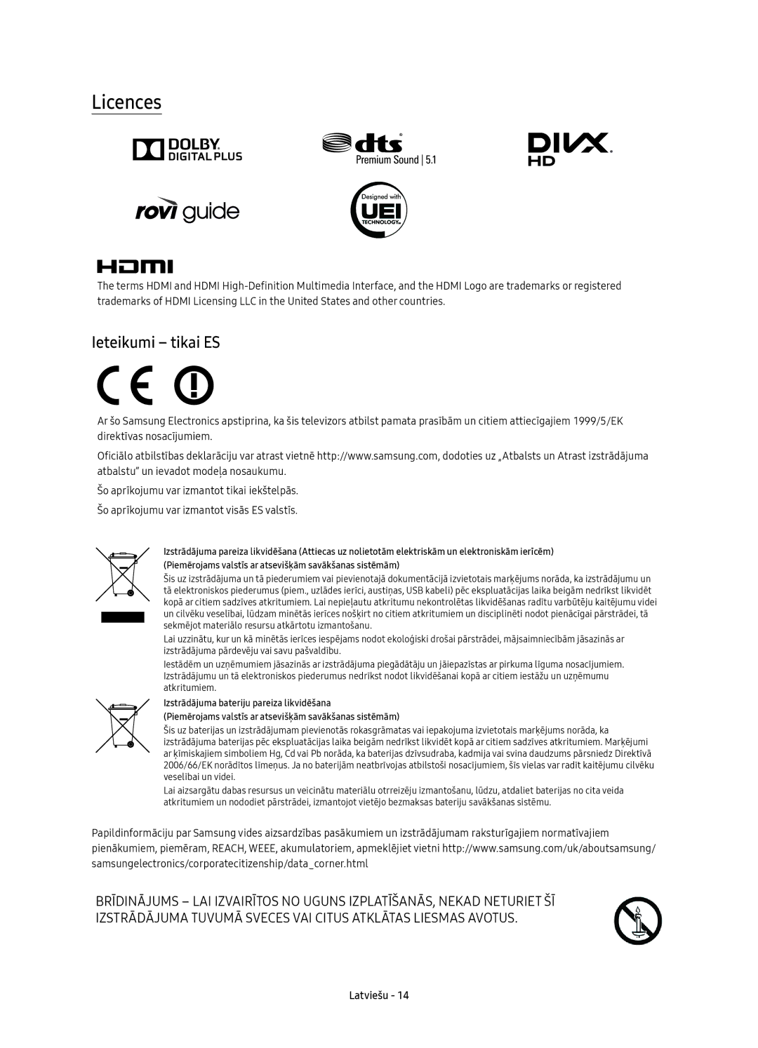 Samsung UE65KS9000LXXN, UE49KS9002TXXH, UE65KS9000LXXH, UE55KS9000LXXH, UE49KS9000LXXH manual Licences, Ieteikumi tikai ES 