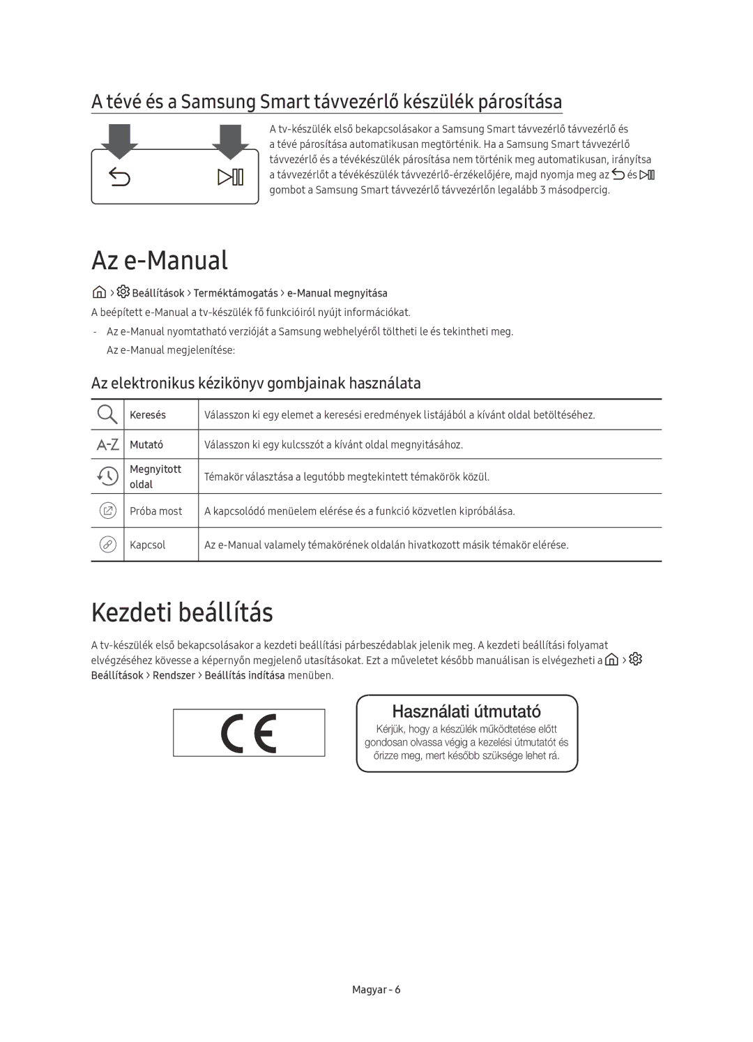 Samsung UE49KS9000LXXN manual Az e-Manual, Kezdeti beállítás, Tévé és a Samsung Smart távvezérlő készülék párosítása 