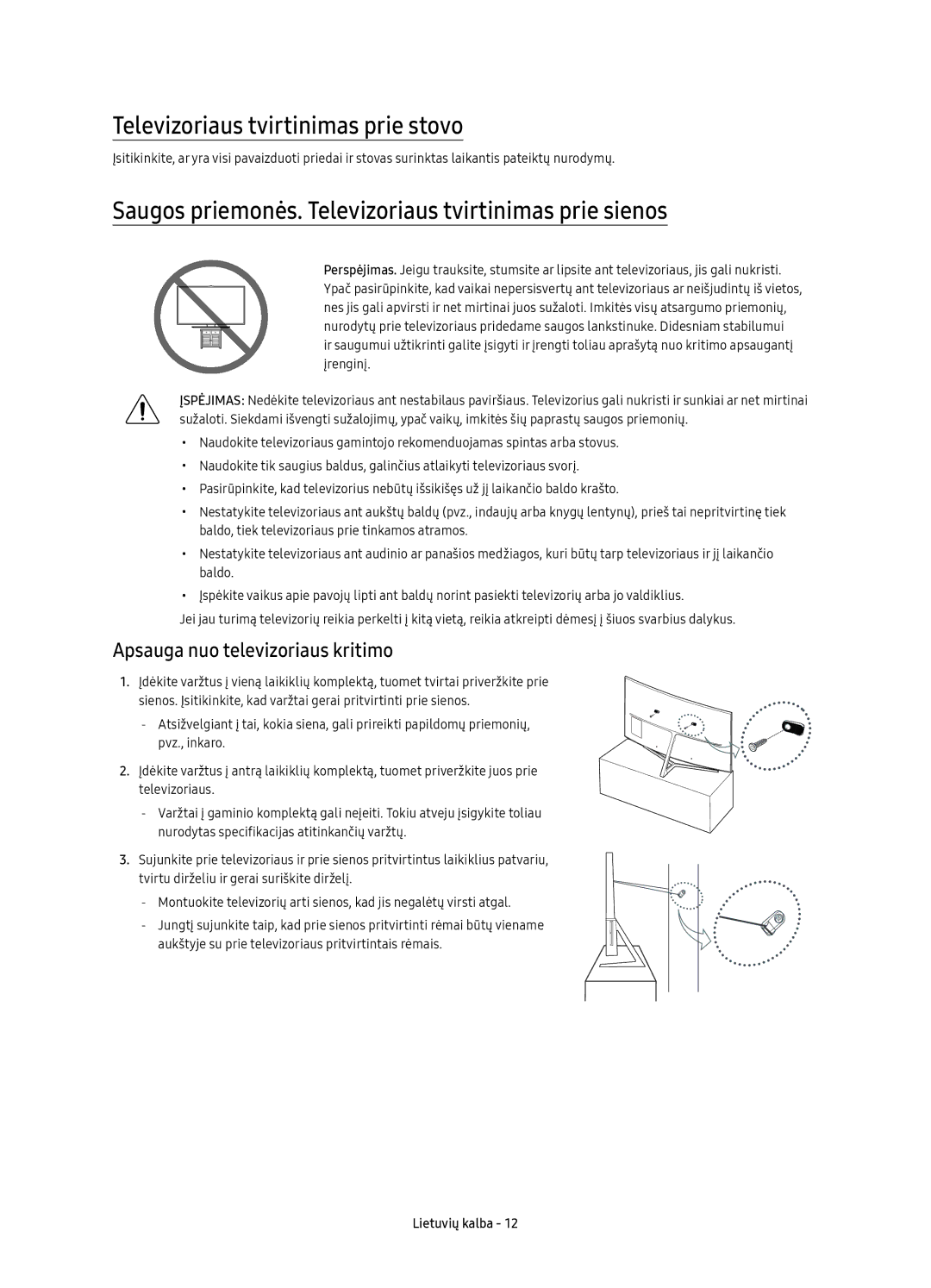 Samsung UE65KS9000LXXN manual Televizoriaus tvirtinimas prie stovo, Saugos priemonės. Televizoriaus tvirtinimas prie sienos 