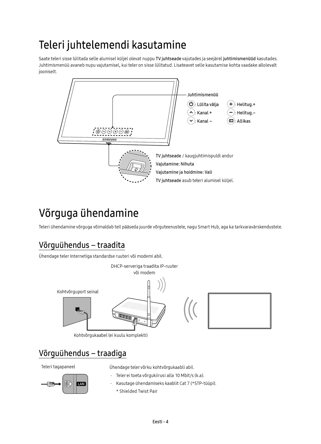 Samsung UE55KS9000LXXN Teleri juhtelemendi kasutamine, Võrguga ühendamine, Võrguühendus traadita, Võrguühendus traadiga 