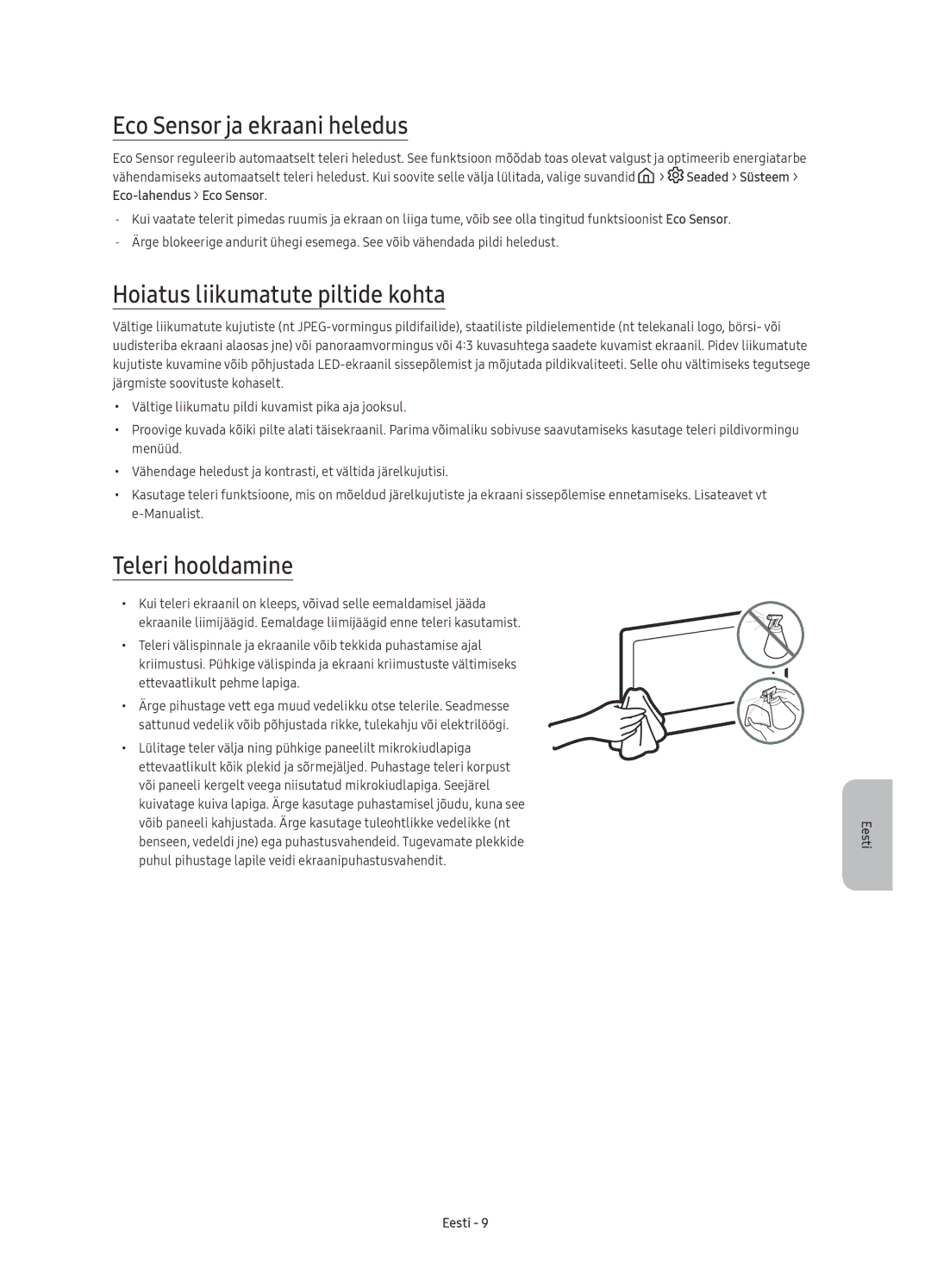 Samsung UE49KS9000LXXH, UE49KS9002TXXH Eco Sensor ja ekraani heledus, Hoiatus liikumatute piltide kohta, Teleri hooldamine 