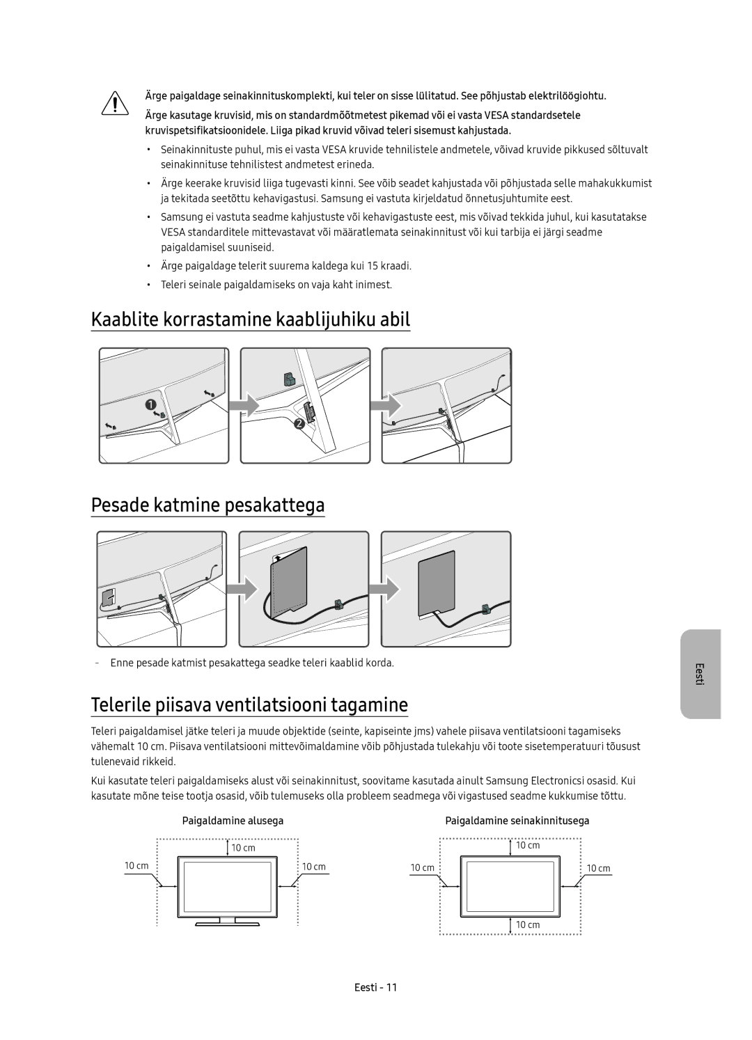 Samsung UE55KS9002TXXH, UE49KS9002TXXH, UE65KS9000LXXH manual Telerile piisava ventilatsiooni tagamine, Paigaldamine alusega 