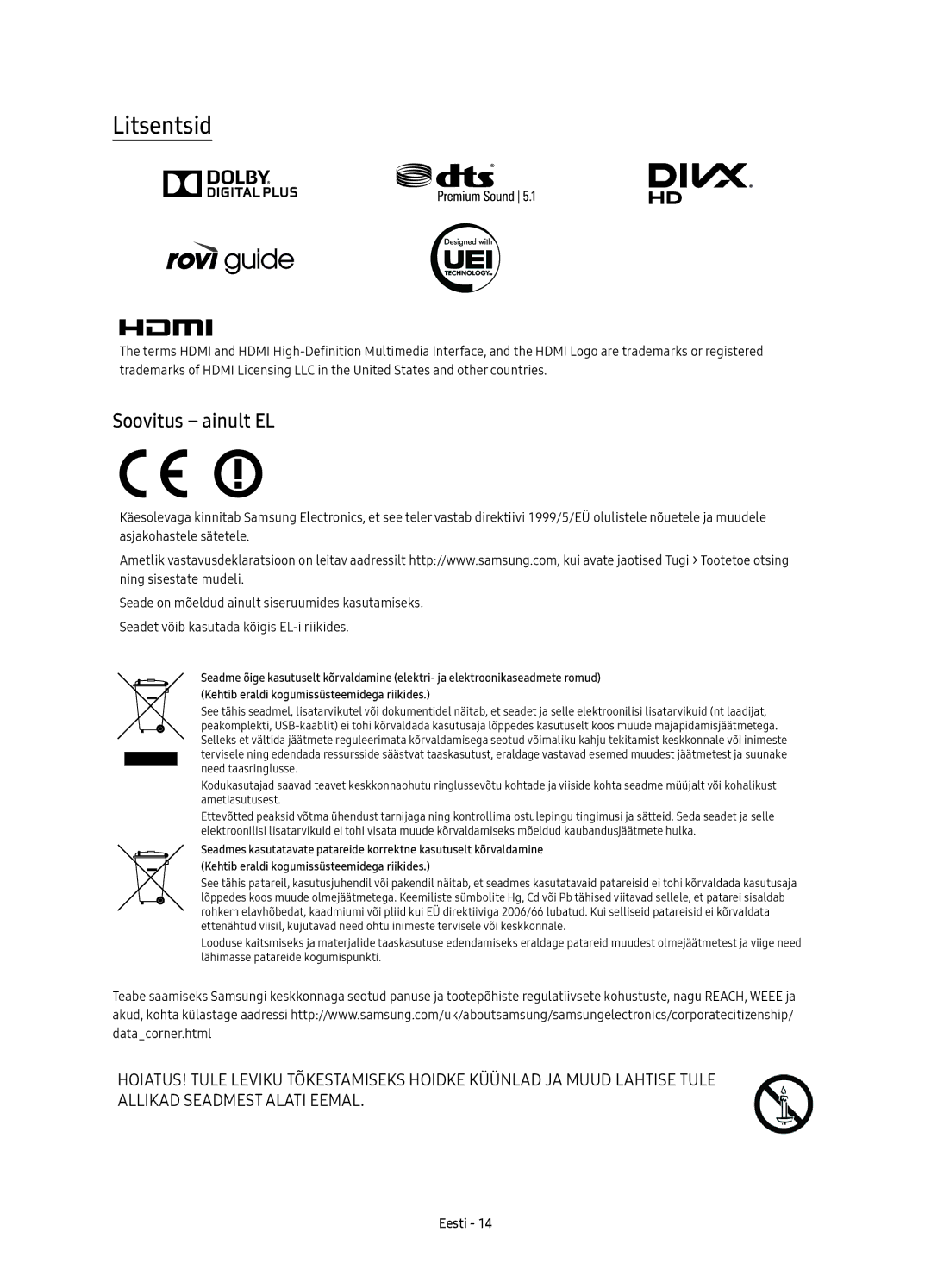 Samsung UE49KS9000LXXN, UE49KS9002TXXH, UE65KS9000LXXH, UE55KS9000LXXH, UE49KS9000LXXH manual Litsentsid, Soovitus ainult EL 