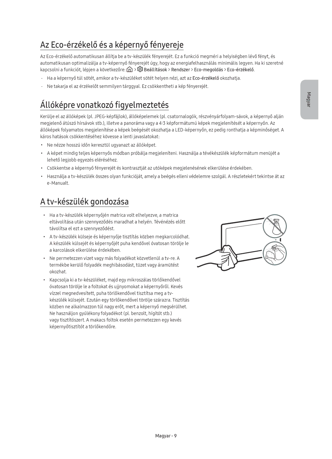 Samsung UE78KS9000LXXN Az Eco-érzékelő és a képernyő fényereje, Állóképre vonatkozó figyelmeztetés, Tv-készülék gondozása 