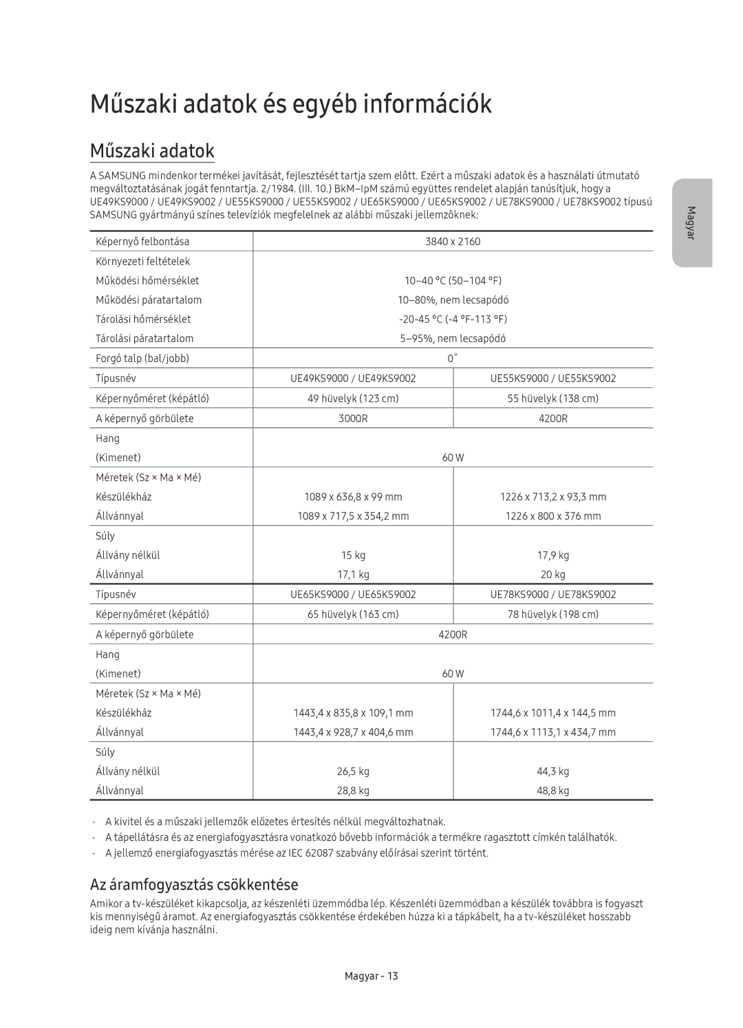 Samsung UE49KS9000LXXH, UE49KS9002TXXH, UE65KS9000LXXH Műszaki adatok és egyéb információk, Az áramfogyasztás csökkentése 