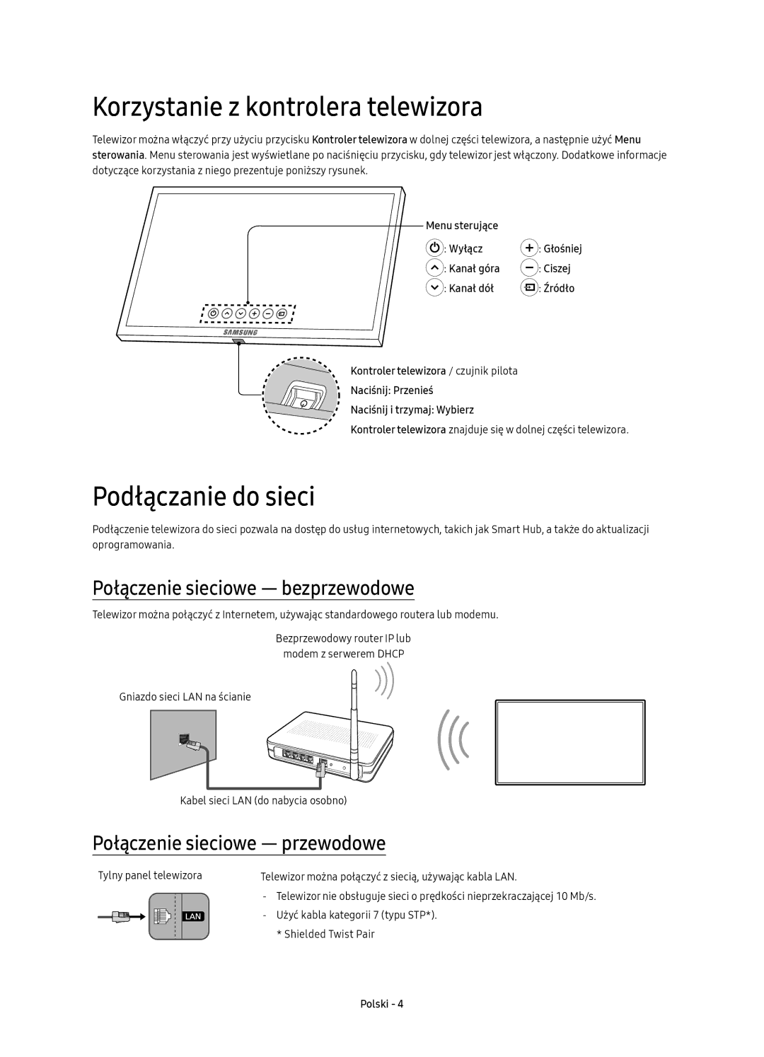 Samsung UE49KS9000LXXN manual Korzystanie z kontrolera telewizora, Podłączanie do sieci, Połączenie sieciowe bezprzewodowe 