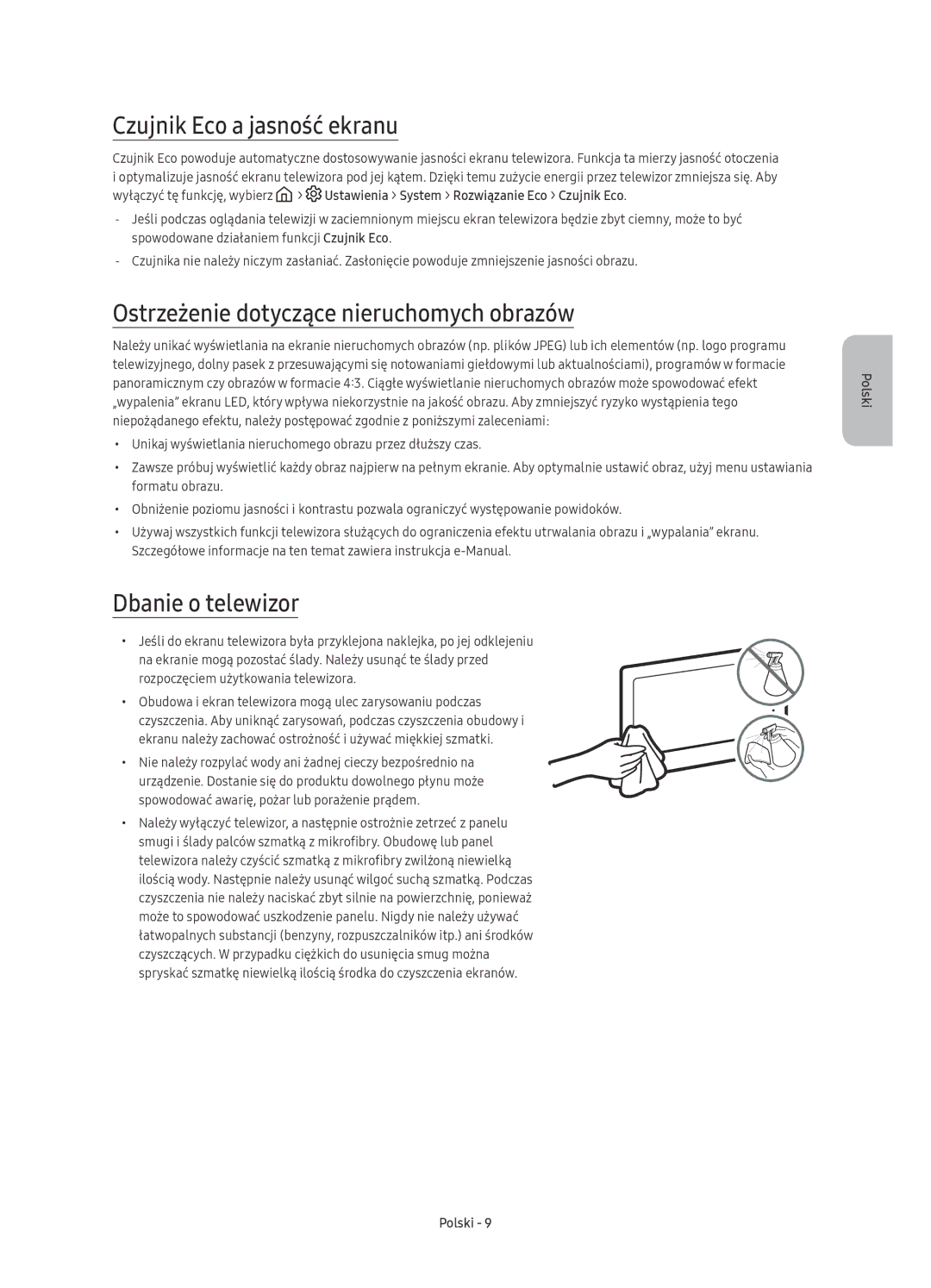 Samsung UE65KS9000LXXH manual Czujnik Eco a jasność ekranu, Ostrzeżenie dotyczące nieruchomych obrazów, Dbanie o telewizor 