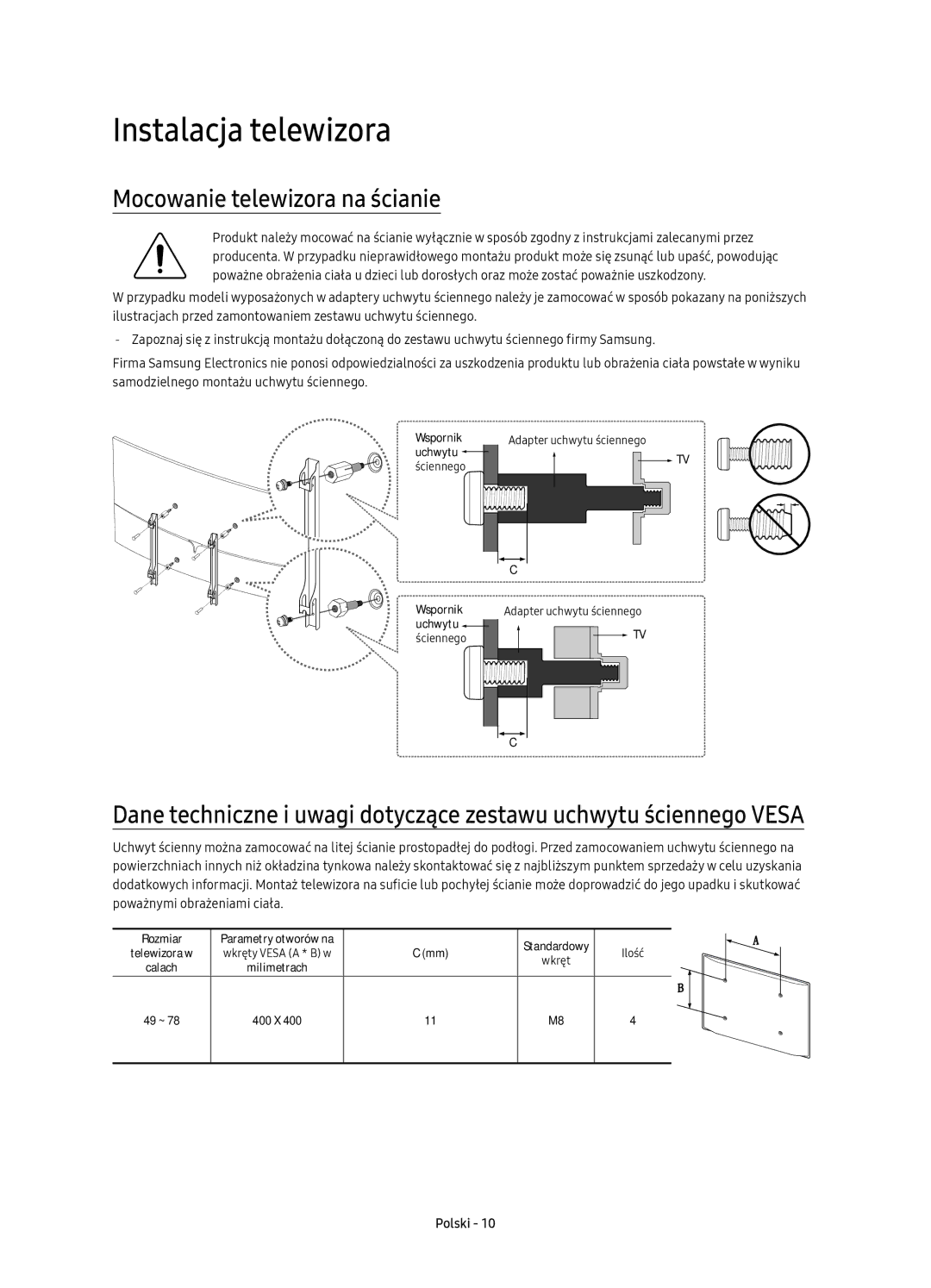 Samsung UE55KS9000LXXH, UE49KS9002TXXH, UE65KS9000LXXH manual Instalacja telewizora, Mocowanie telewizora na ścianie 