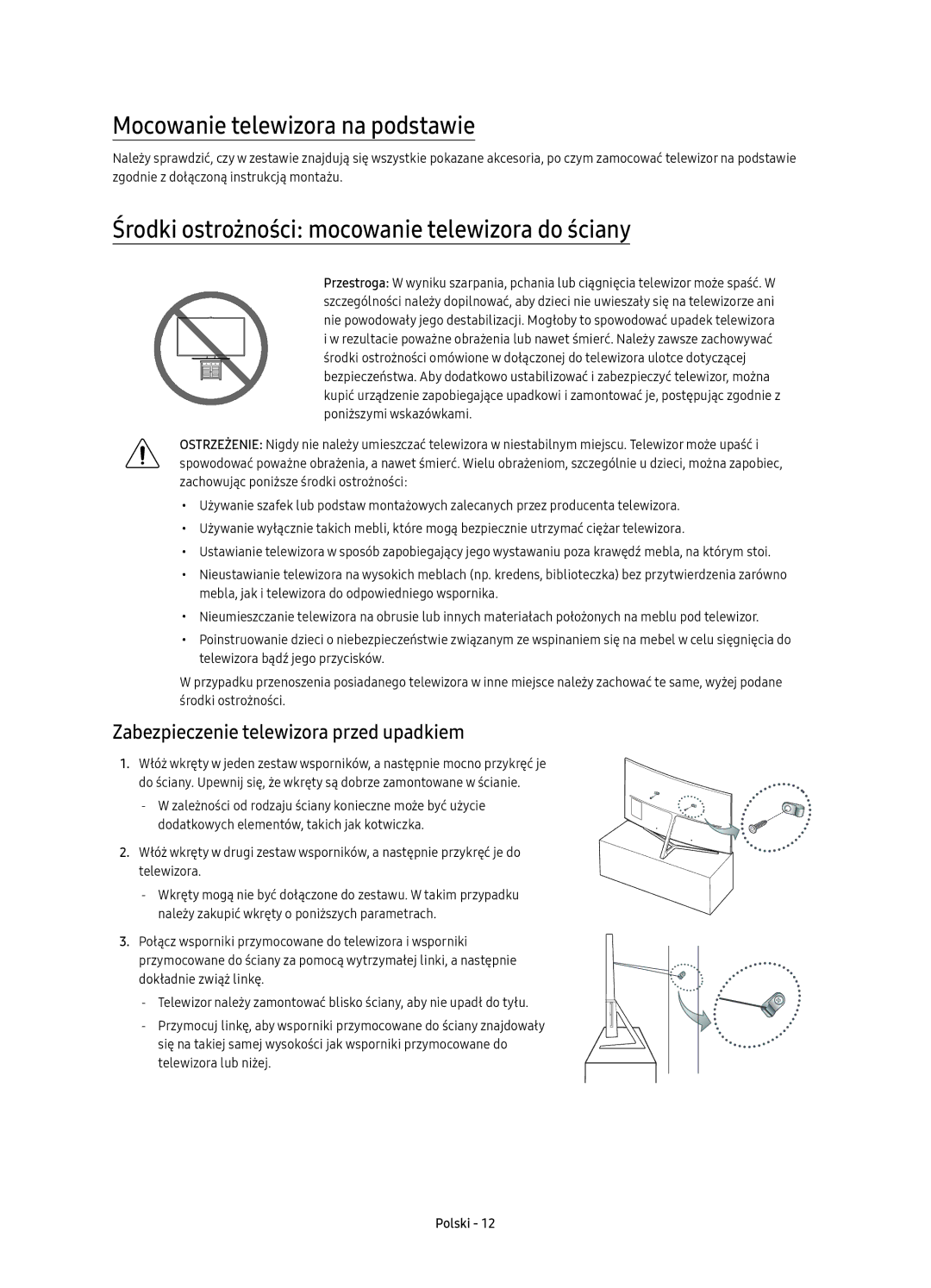 Samsung UE65KS9000LXXN manual Mocowanie telewizora na podstawie, Środki ostrożności mocowanie telewizora do ściany 