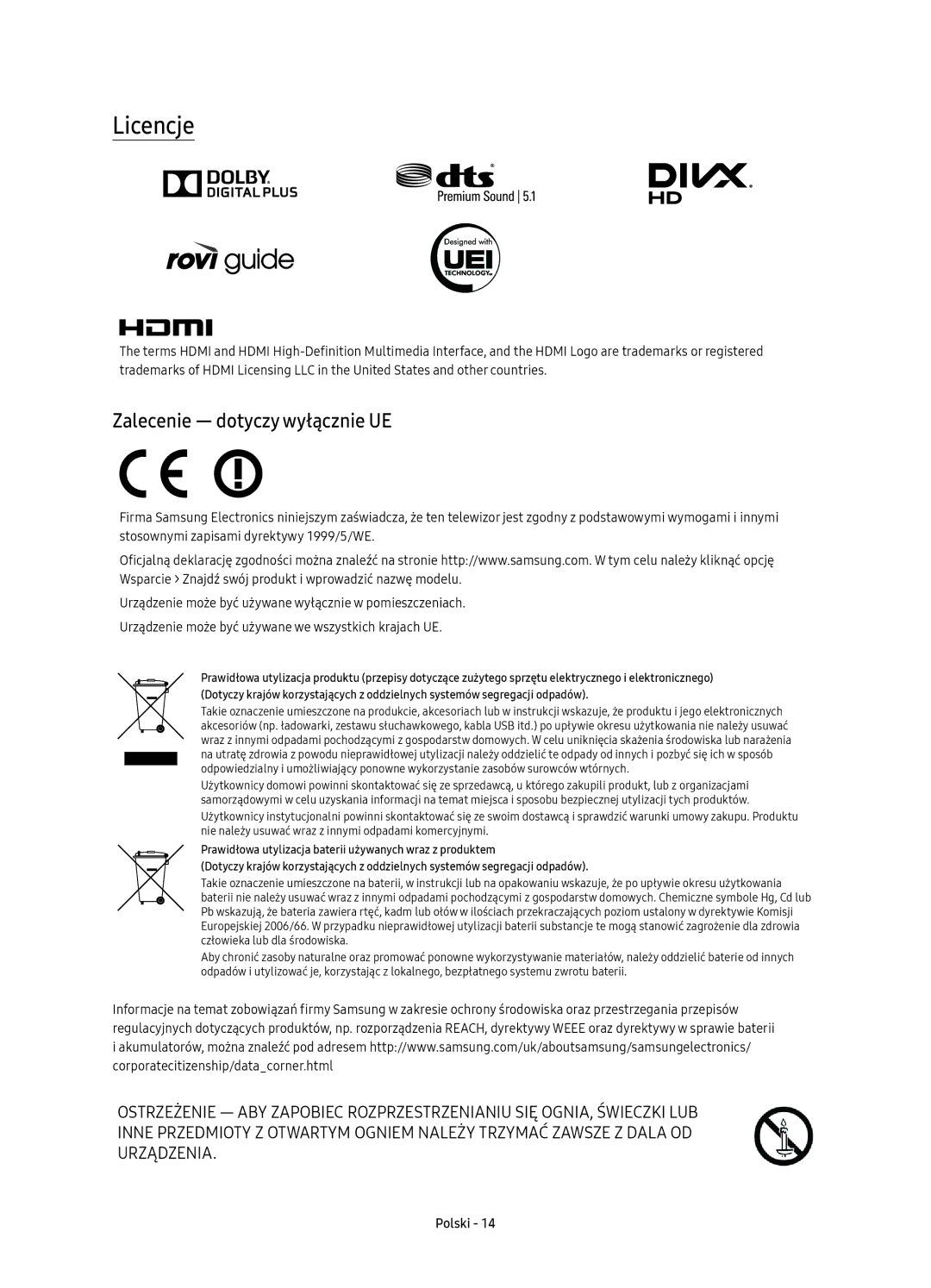 Samsung UE65KS9002TXXH, UE49KS9002TXXH, UE65KS9000LXXH, UE55KS9000LXXH manual Licencje, Zalecenie dotyczy wyłącznie UE 