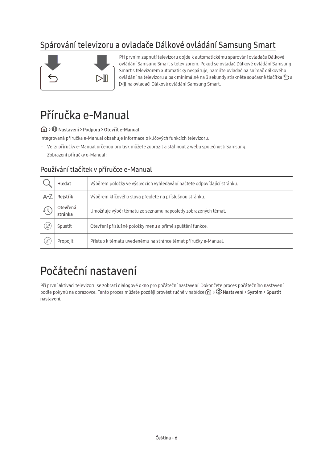 Samsung UE65KS9002TXXH, UE49KS9002TXXH manual Příručka e-Manual, Počáteční nastavení, Používání tlačítek v příručce e-Manual 