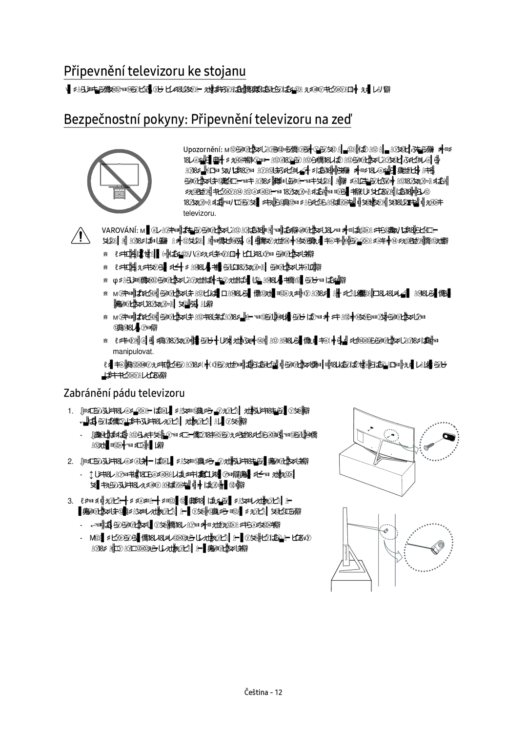 Samsung UE49KS9002TXXH, UE65KS9000LXXH Připevnění televizoru ke stojanu, Bezpečnostní pokyny Připevnění televizoru na zeď 