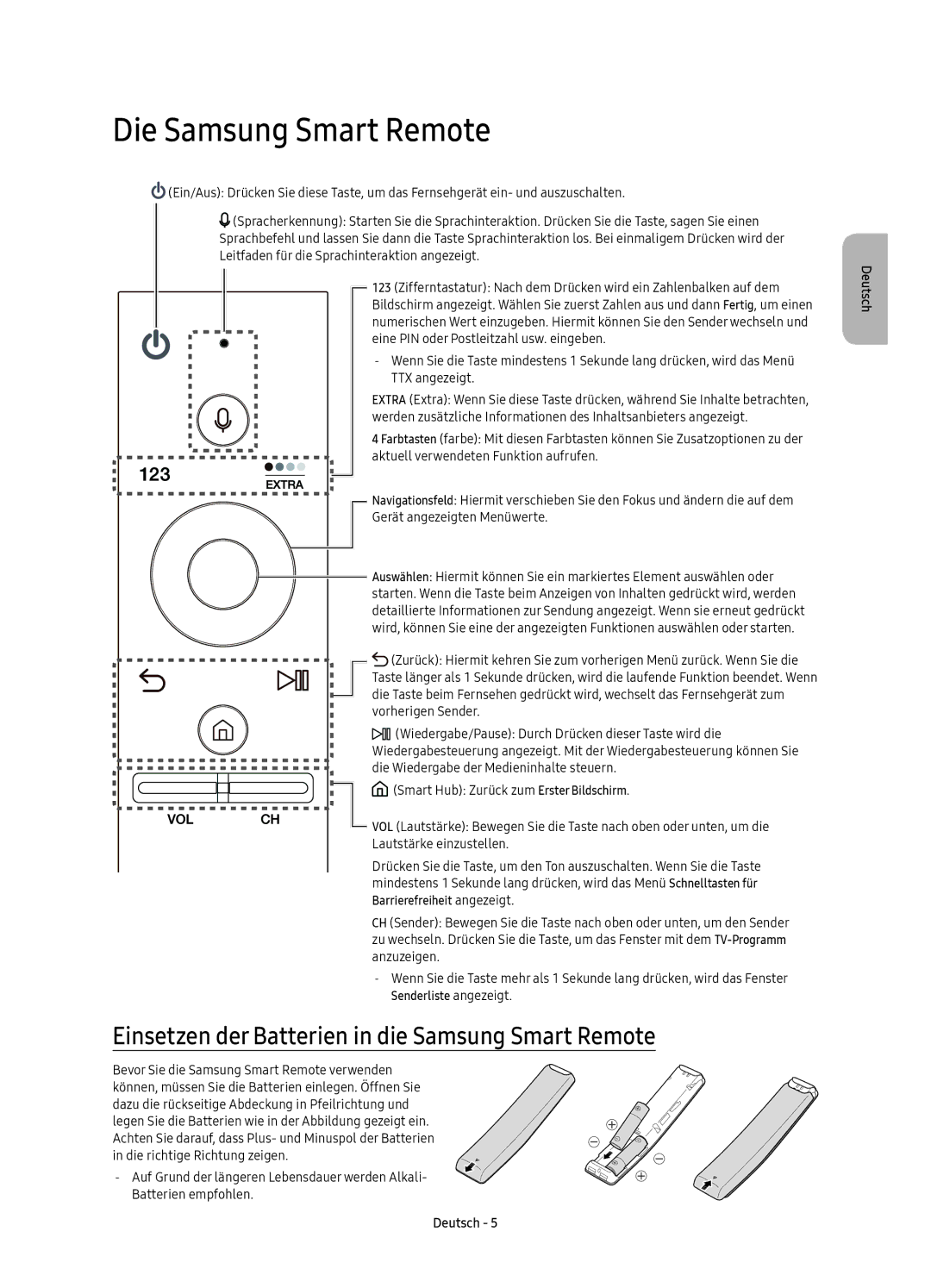 Samsung UE78KS9090TXZG, UE49KS9090TXZG manual Die Samsung Smart Remote, Einsetzen der Batterien in die Samsung Smart Remote 