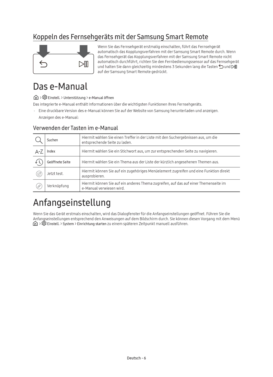 Samsung UE65KS9090TXZG manual Das e-Manual, Anfangseinstellung, Koppeln des Fernsehgeräts mit der Samsung Smart Remote 