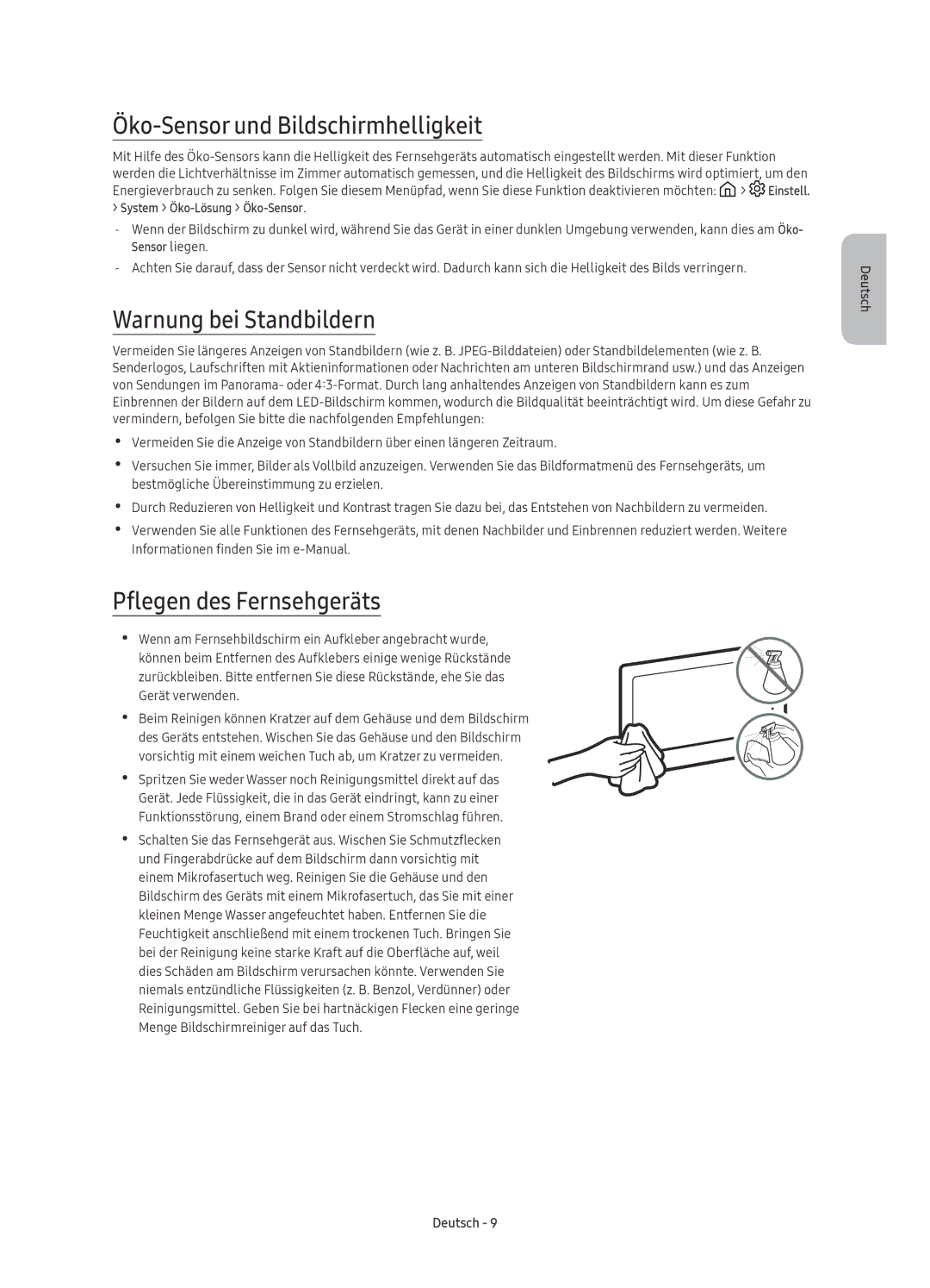 Samsung UE78KS9080TXZG manual Öko-Sensor und Bildschirmhelligkeit, Warnung bei Standbildern, Pflegen des Fernsehgeräts 