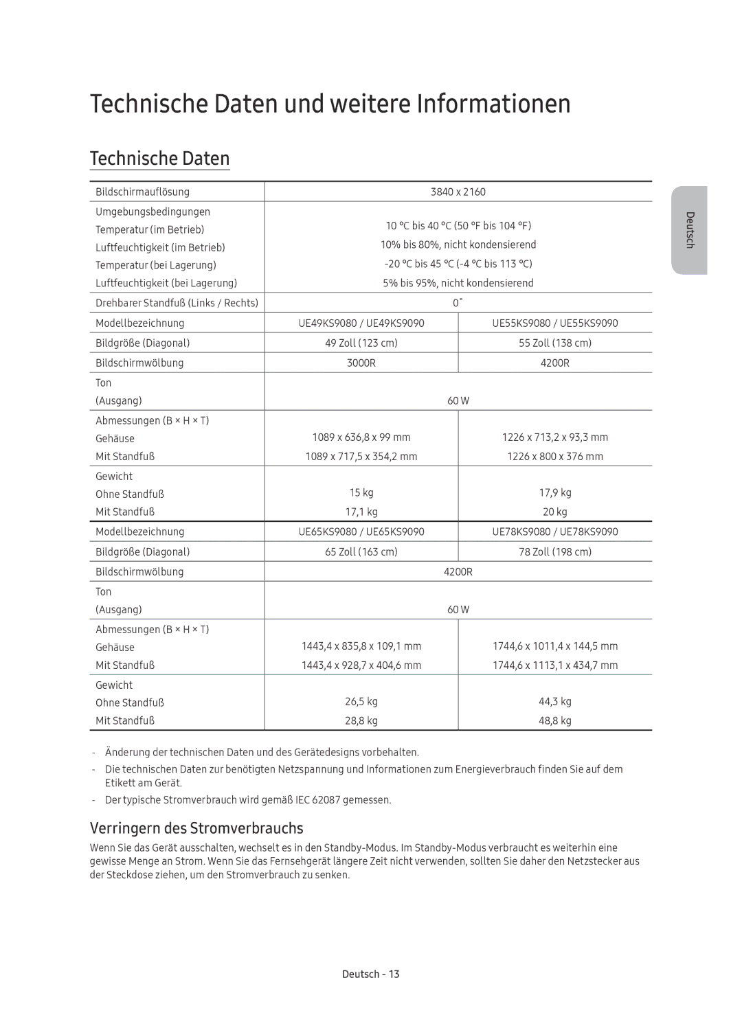 Samsung UE78KS9090TXZG, UE49KS9090TXZG manual Technische Daten und weitere Informationen, Verringern des Stromverbrauchs 