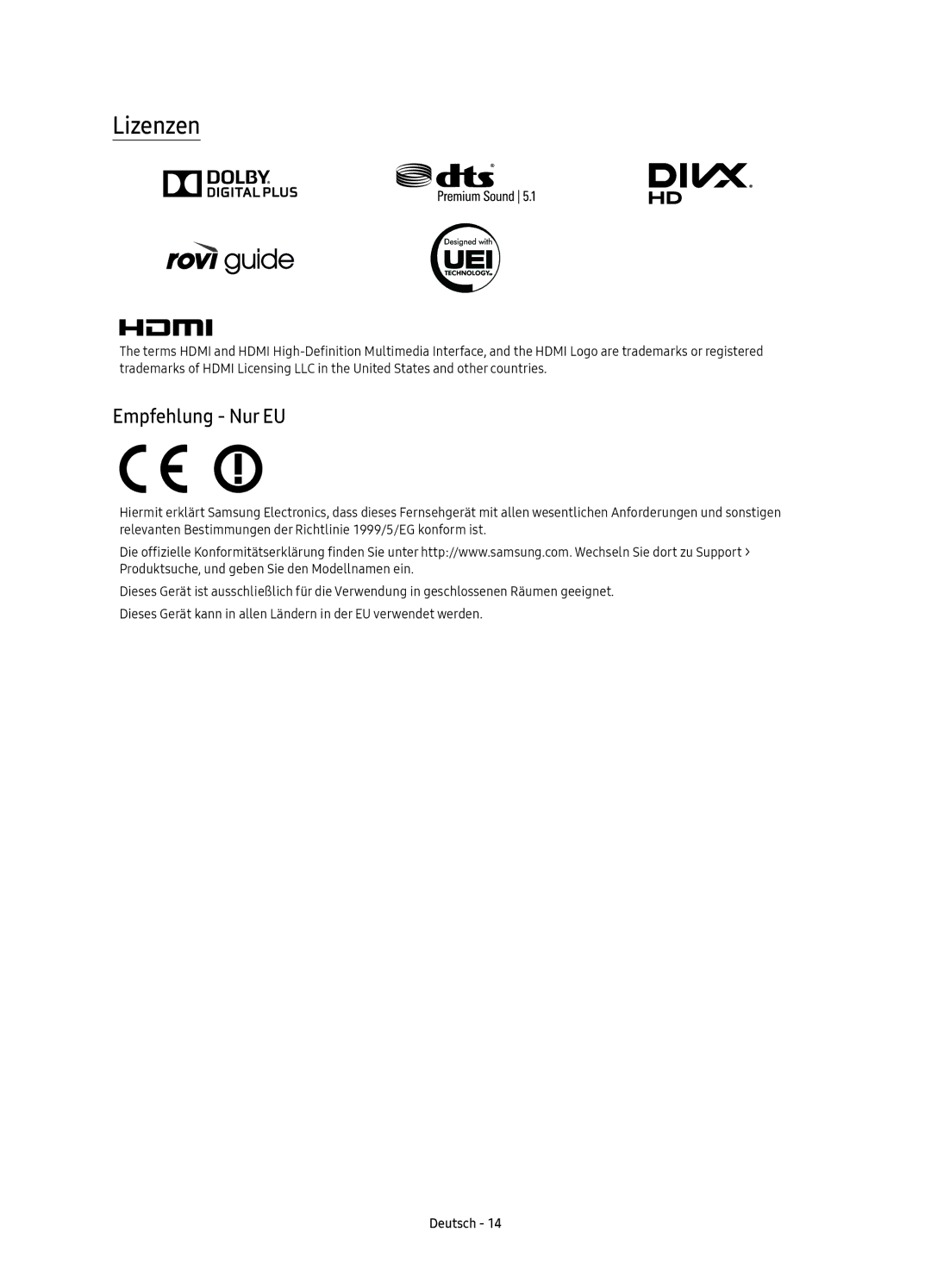 Samsung UE65KS9090TXZG, UE49KS9090TXZG, UE65KS9080TXZG, UE55KS9080TXZG, UE78KS9090TXZG manual Lizenzen, Empfehlung Nur EU 