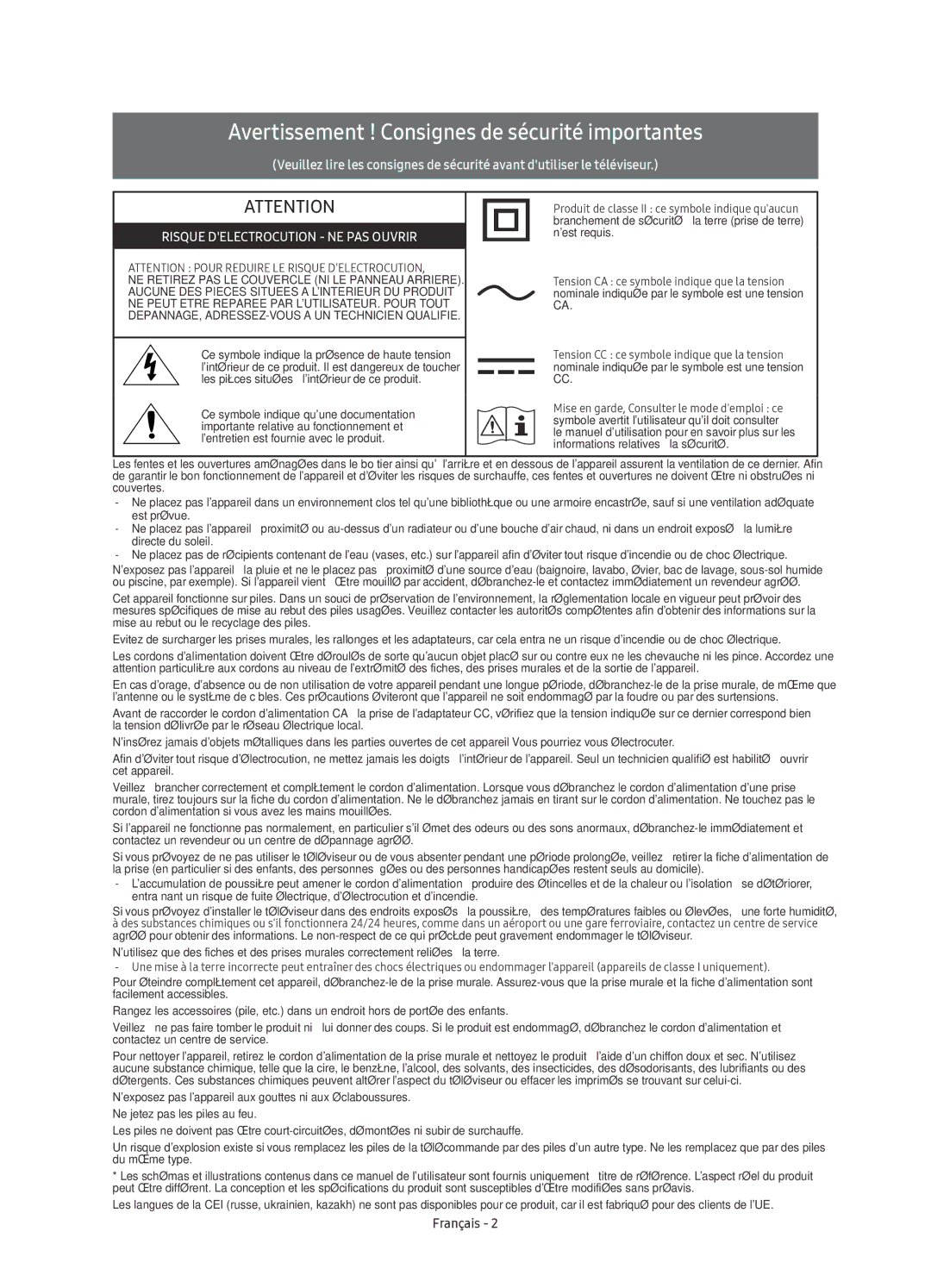 Samsung UE49KS9080TXZG, UE49KS9090TXZG, UE65KS9080TXZG, UE55KS9080TXZG Avertissement ! Consignes de sécurité importantes 