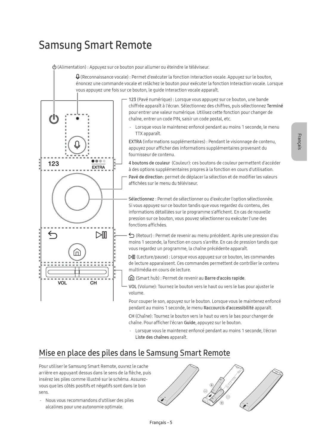 Samsung UE65KS9080TXZG, UE49KS9090TXZG, UE55KS9080TXZG manual Mise en place des piles dans le Samsung Smart Remote 