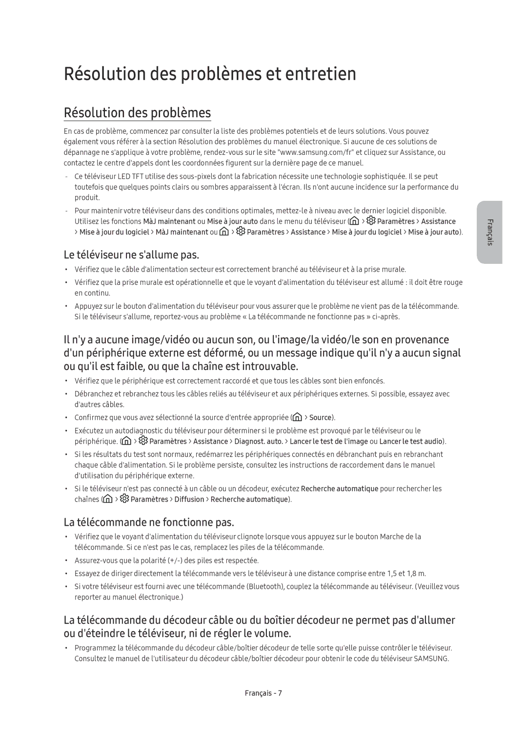 Samsung UE78KS9090TXZG, UE49KS9090TXZG, UE65KS9080TXZG Résolution des problèmes et entretien, Le téléviseur ne sallume pas 