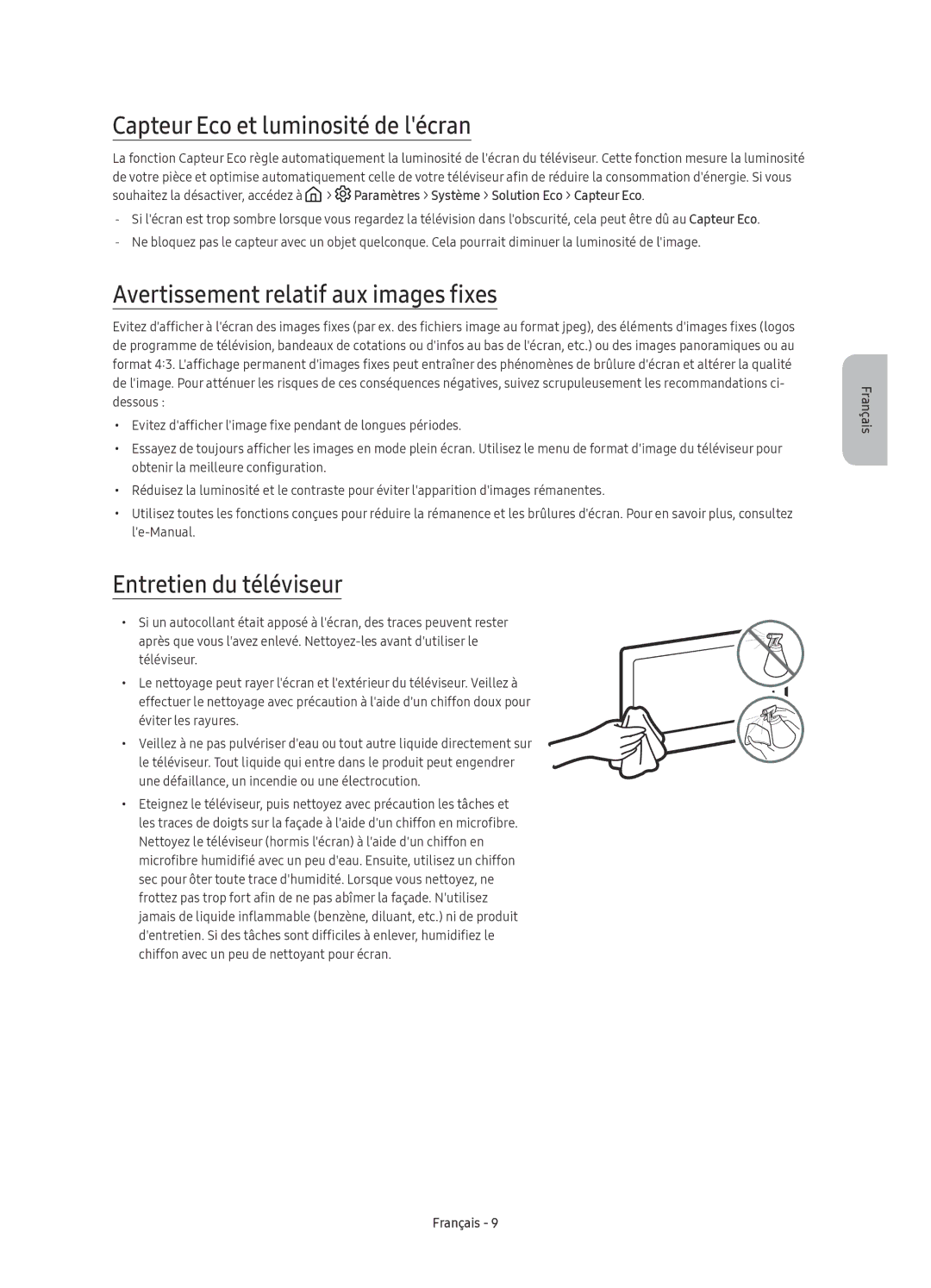 Samsung UE55KS9090TXZG, UE49KS9090TXZG manual Capteur Eco et luminosité de lécran, Avertissement relatif aux images fixes 