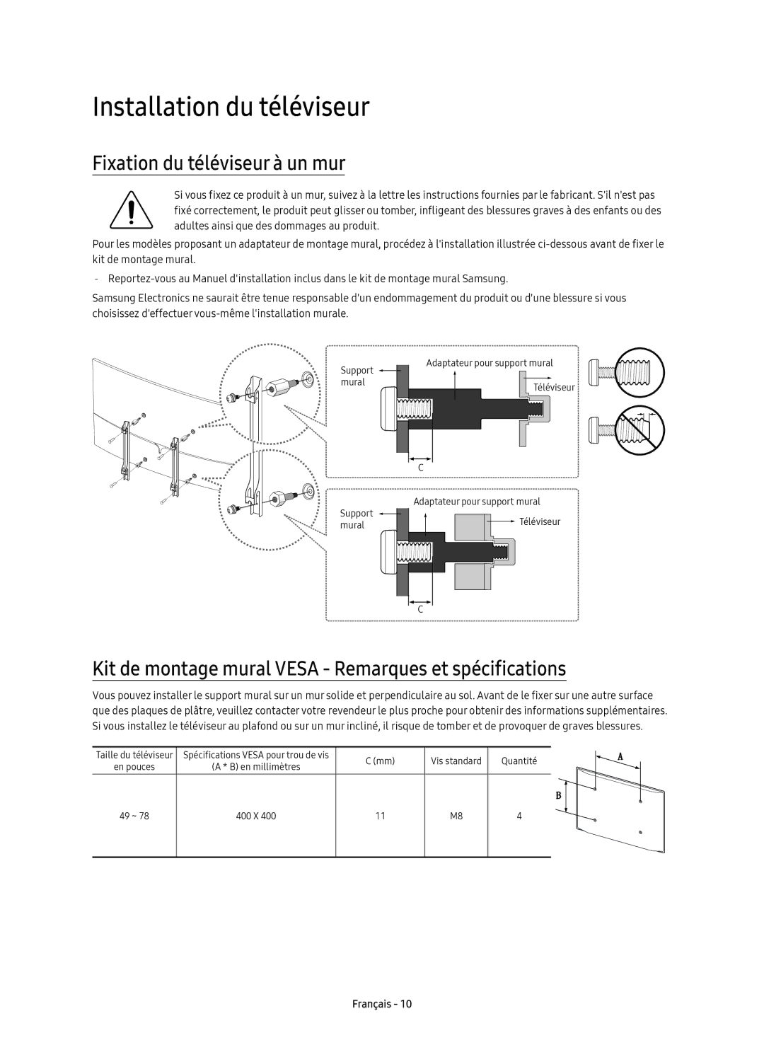 Samsung UE49KS9080TXZG, UE49KS9090TXZG, UE65KS9080TXZG manual Installation du téléviseur, Fixation du téléviseur à un mur 