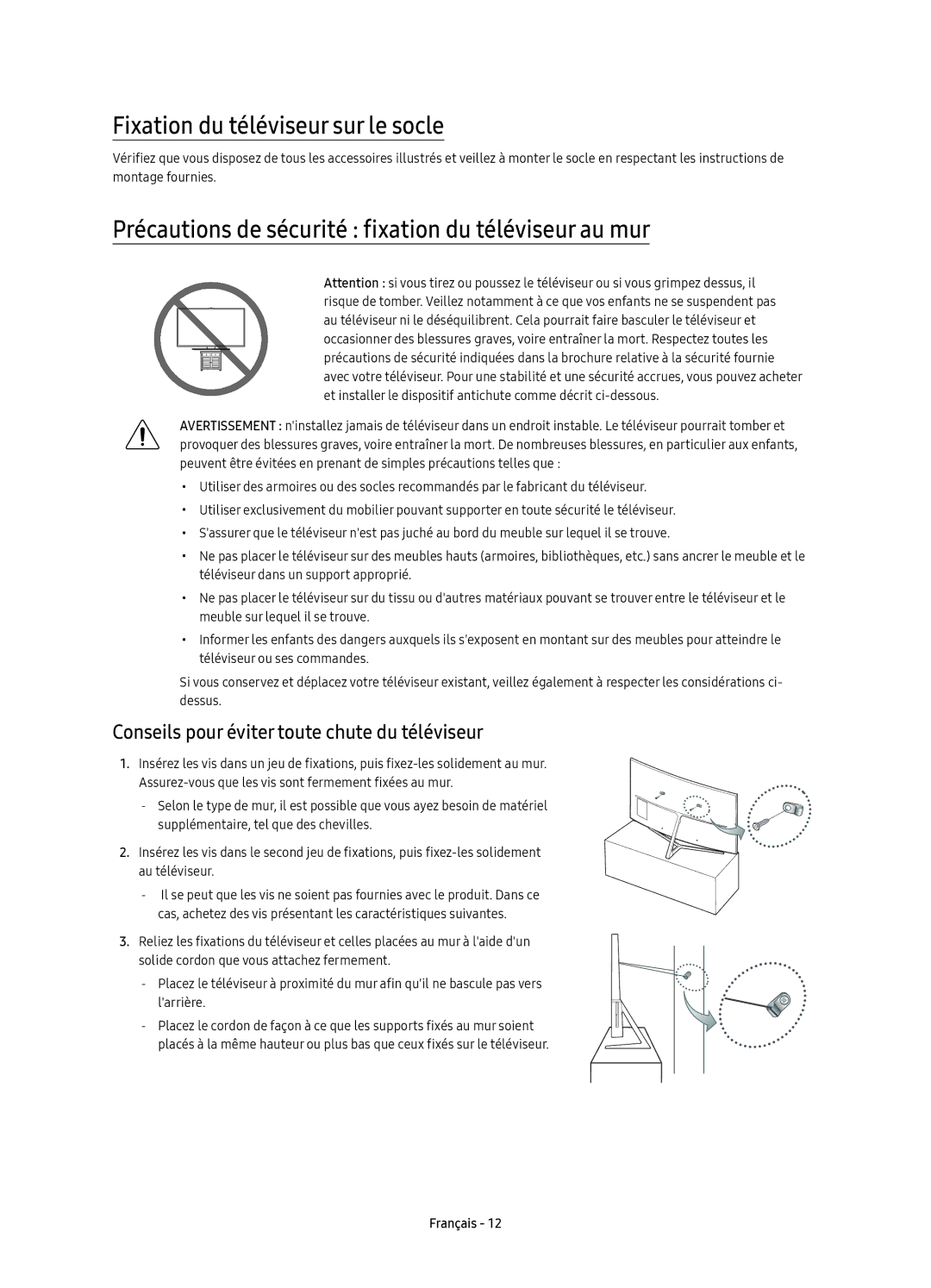 Samsung UE49KS9090TXZG manual Fixation du téléviseur sur le socle, Précautions de sécurité fixation du téléviseur au mur 