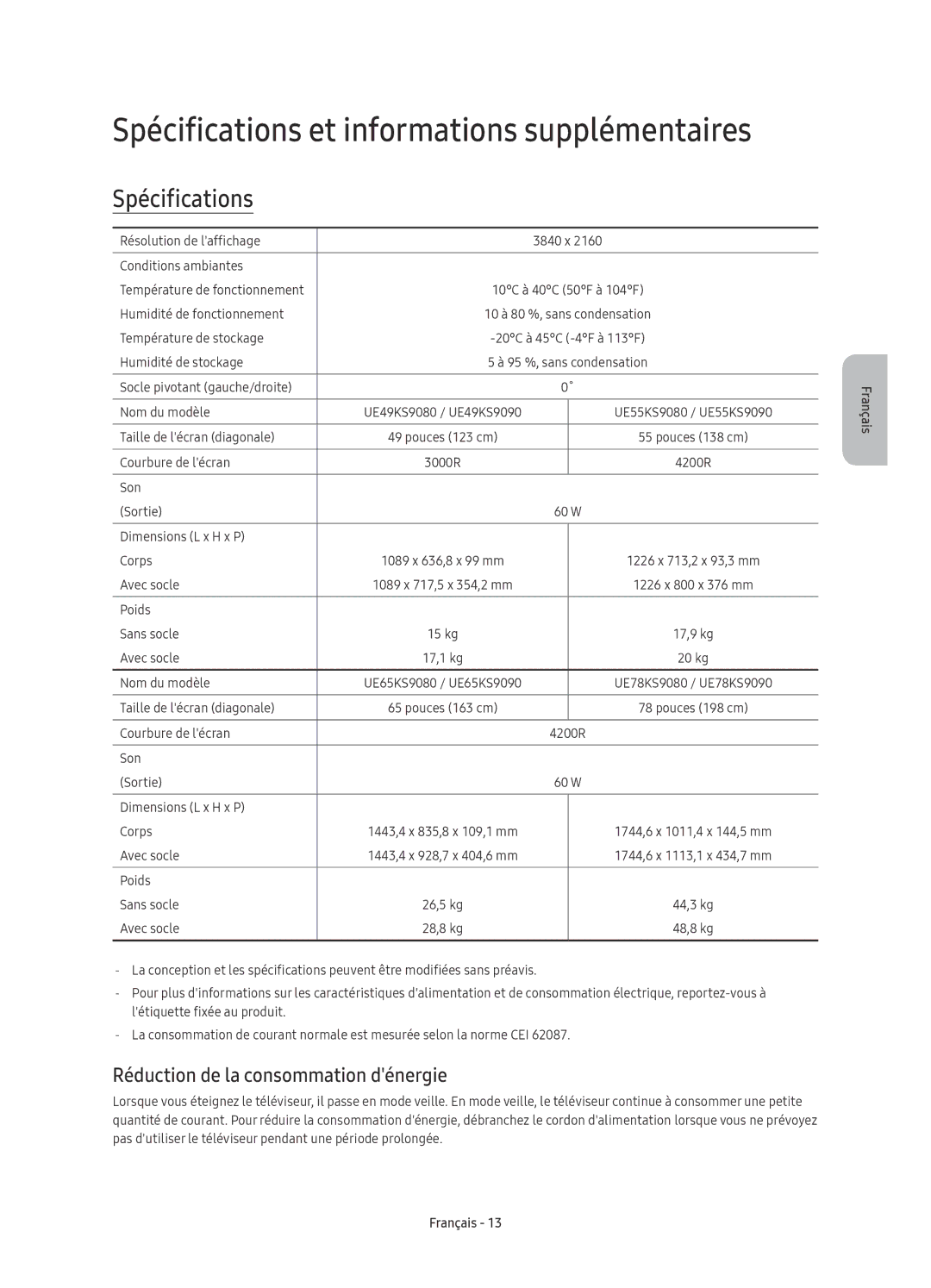 Samsung UE65KS9080TXZG manual Spécifications et informations supplémentaires, Réduction de la consommation dénergie 