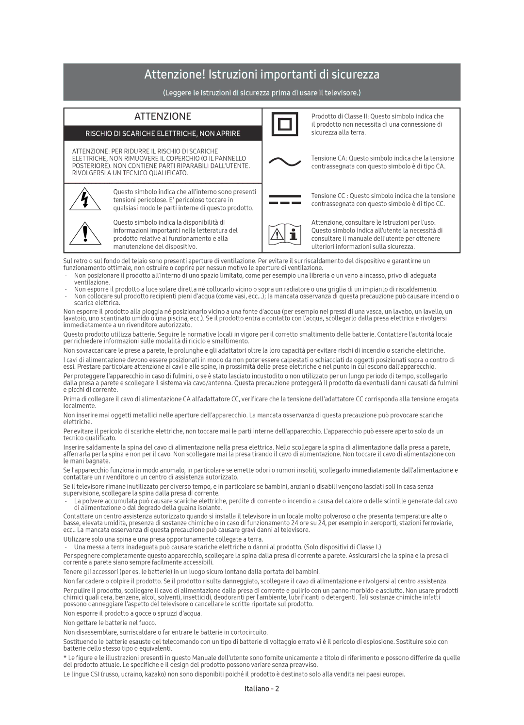 Samsung UE65KS9090TXZG, UE49KS9090TXZG, UE65KS9080TXZG, UE55KS9080TXZG manual Attenzione! Istruzioni importanti di sicurezza 