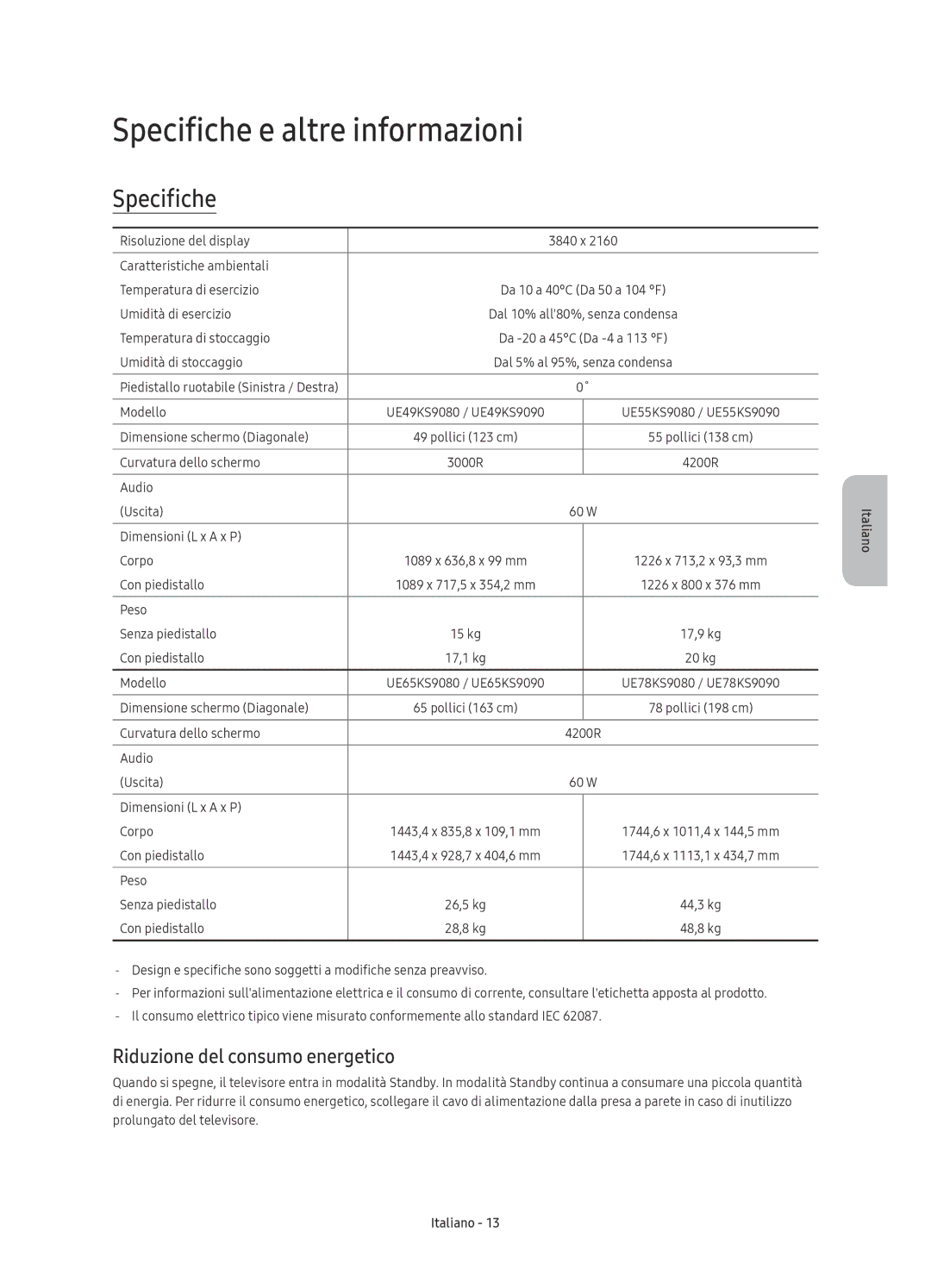 Samsung UE78KS9080TXZG, UE49KS9090TXZG, UE65KS9080TXZG Specifiche e altre informazioni, Riduzione del consumo energetico 