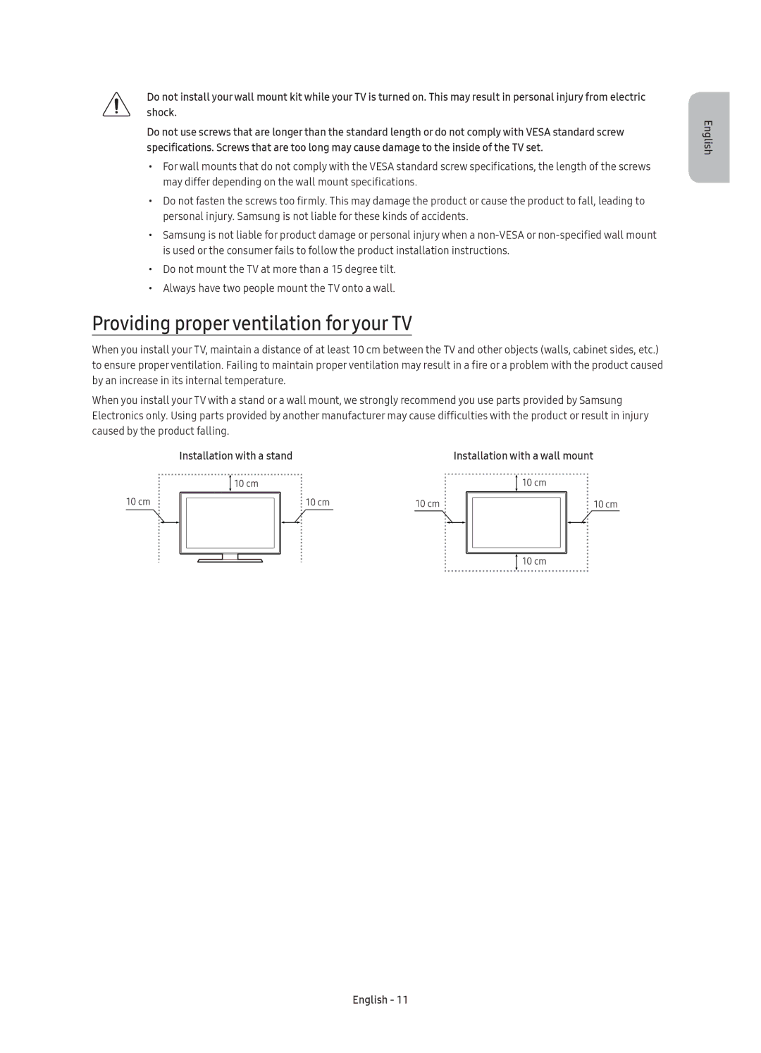 Samsung UE65KU6100KXZT, UE49KU6100KXZT, UE55KU6100KXZT, UE40KU6100KXZT manual Providing proper ventilation for your TV 