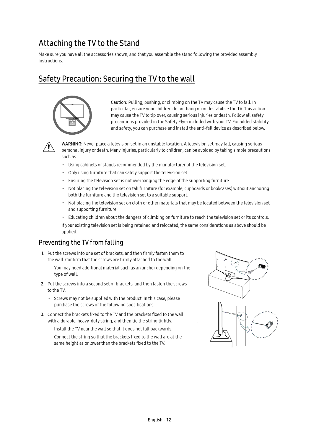 Samsung UE49KU6100KXZT, UE55KU6100KXZT manual Attaching the TV to the Stand, Safety Precaution Securing the TV to the wall 