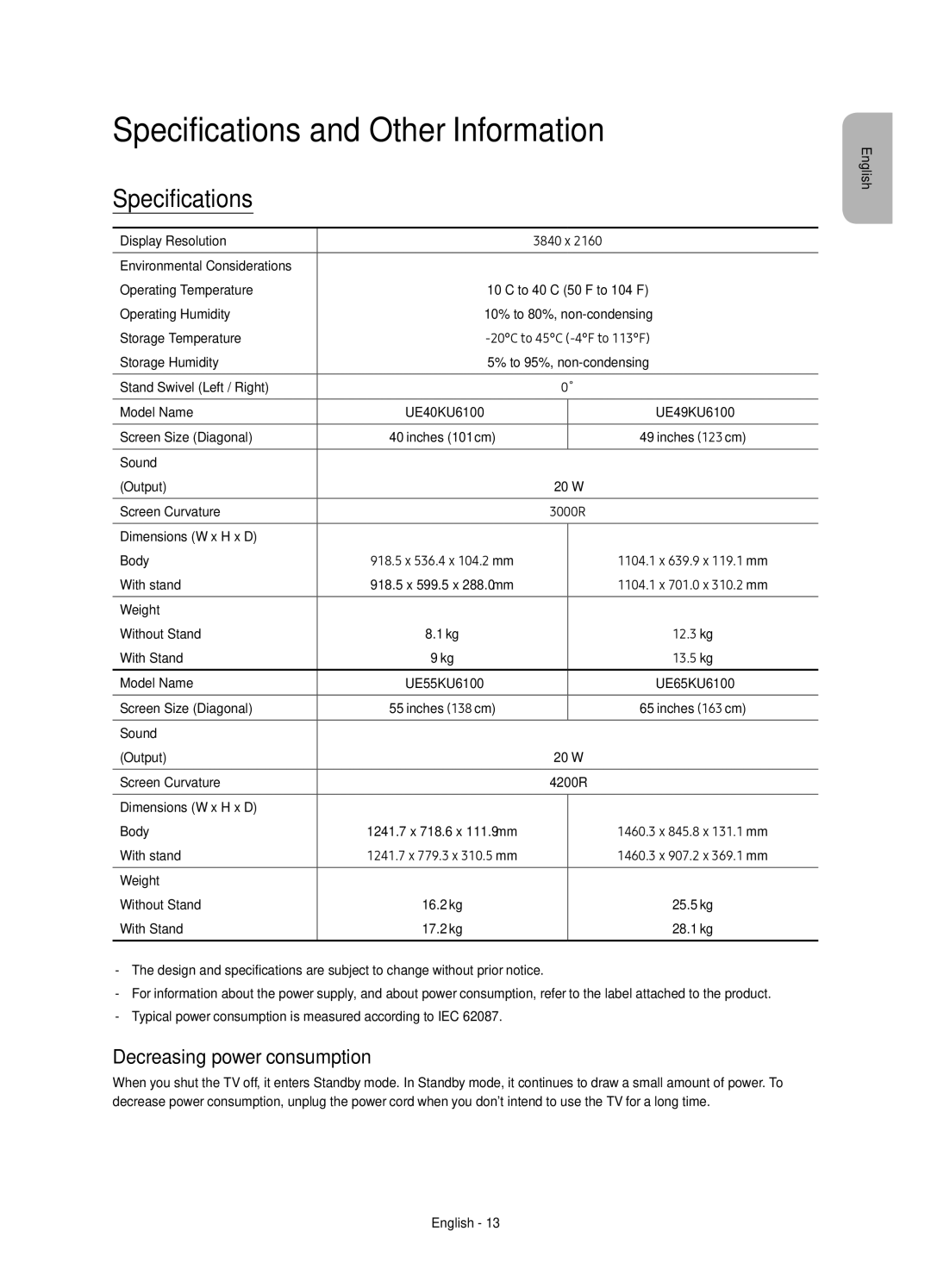 Samsung UE55KU6100KXZT, UE49KU6100KXZT, UE40KU6100KXZT Specifications and Other Information, Decreasing power consumption 