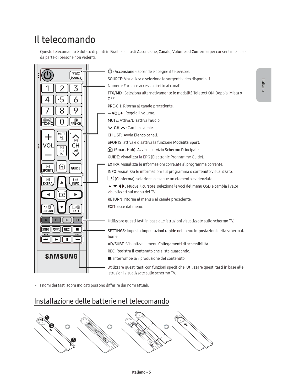 Samsung UE65KU6100KXZT, UE49KU6100KXZT, UE55KU6100KXZT manual Il telecomando, Installazione delle batterie nel telecomando 