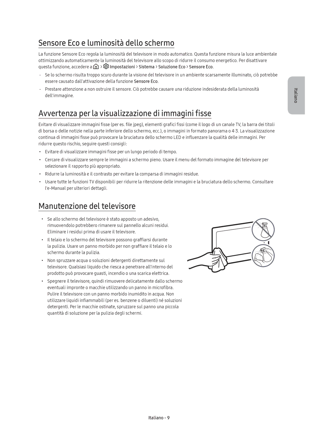 Samsung UE65KU6100KXZT manual Sensore Eco e luminosità dello schermo, Avvertenza per la visualizzazione di immagini fisse 