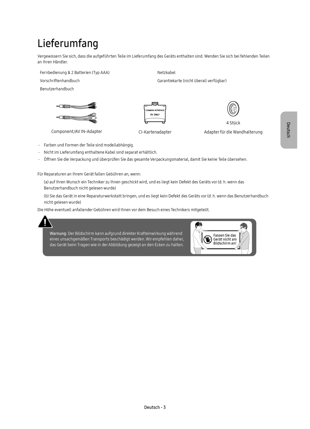 Samsung UE65KU6100KXZT, UE49KU6100KXZT, UE55KU6100KXZT manual Lieferumfang, Component/AV IN-Adapter CI-Kartenadapter 