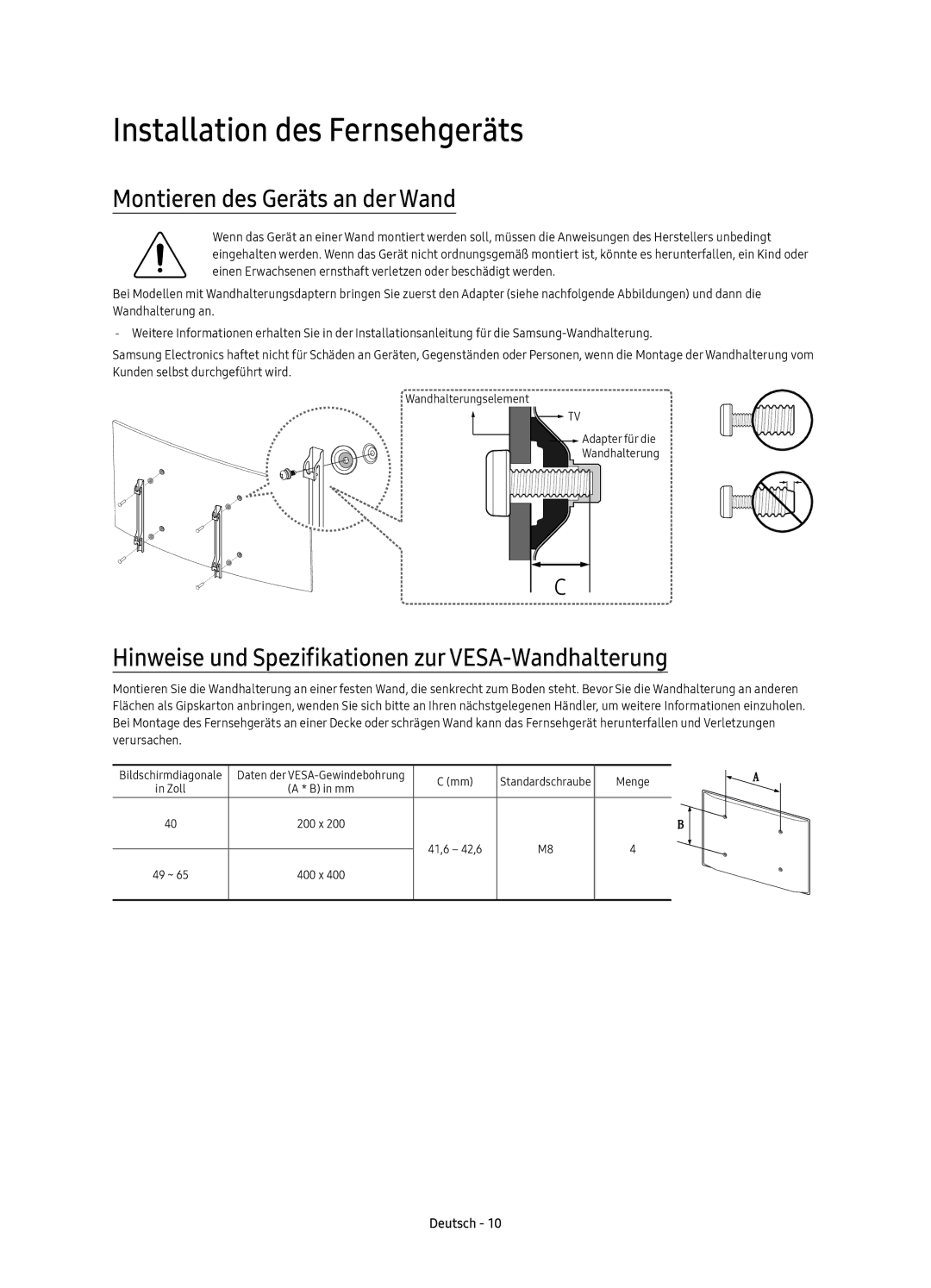 Samsung UE40KU6100KXZT, UE49KU6100KXZT, UE55KU6100KXZT Installation des Fernsehgeräts, Montieren des Geräts an der Wand 