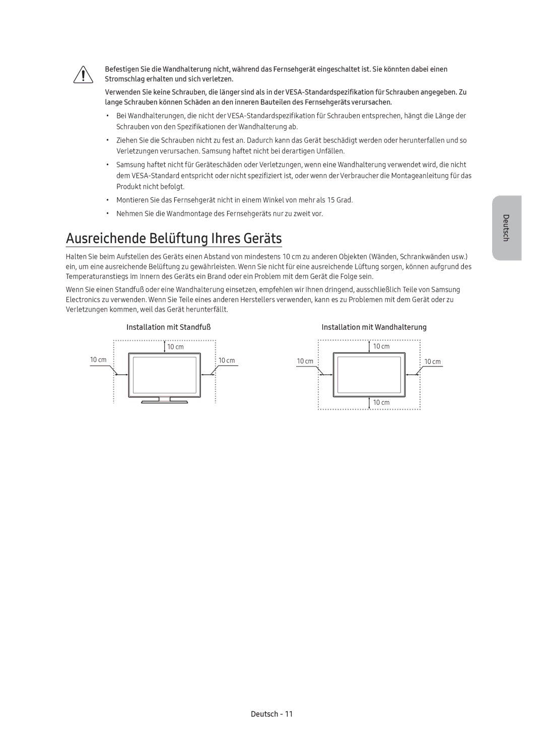 Samsung UE65KU6100KXZT, UE49KU6100KXZT, UE55KU6100KXZT, UE40KU6100KXZT manual Ausreichende Belüftung Ihres Geräts 