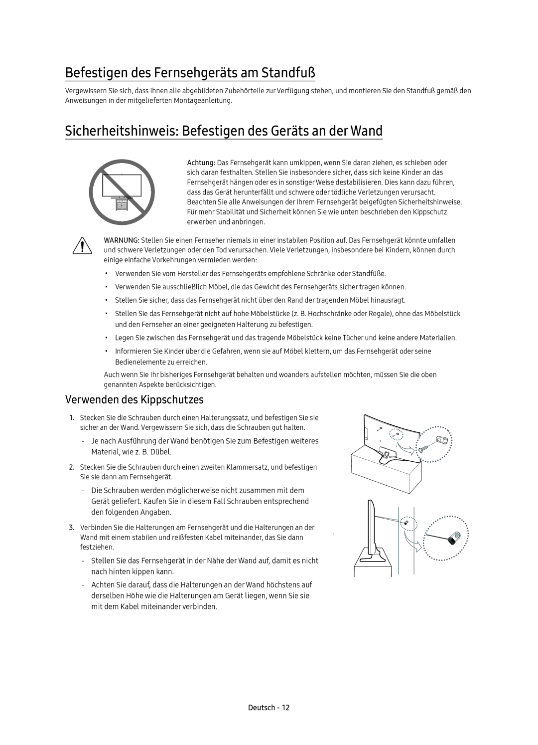 Samsung UE49KU6100KXZT Befestigen des Fernsehgeräts am Standfuß, Sicherheitshinweis Befestigen des Geräts an der Wand 