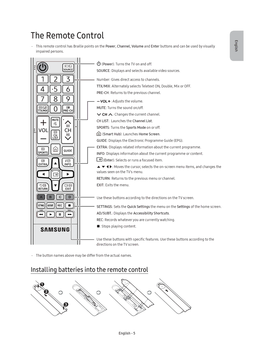 Samsung UE55KU6100KXZT, UE49KU6100KXZT, UE40KU6100KXZT manual Remote Control, Installing batteries into the remote control 