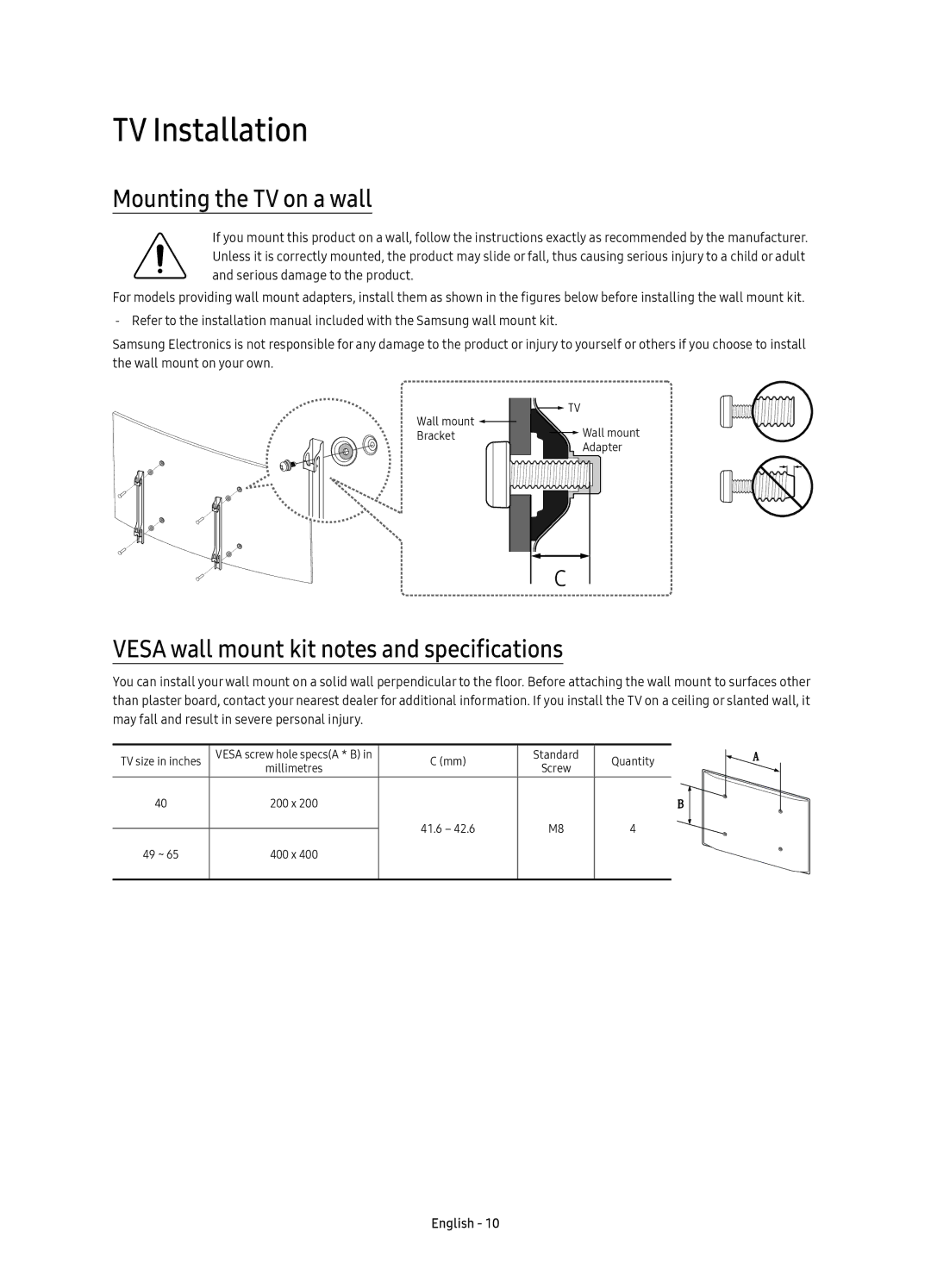 Samsung UE49KU6100WXXN manual TV Installation, Mounting the TV on a wall, Vesa wall mount kit notes and specifications 