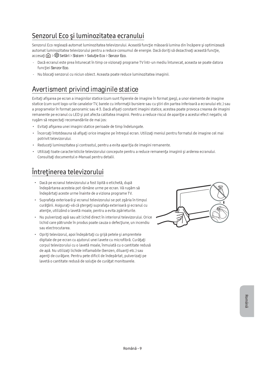 Samsung UE49KU6172UXXH, UE49KU6100WXXH manual Senzorul Eco şi luminozitatea ecranului, Avertisment privind imaginile statice 