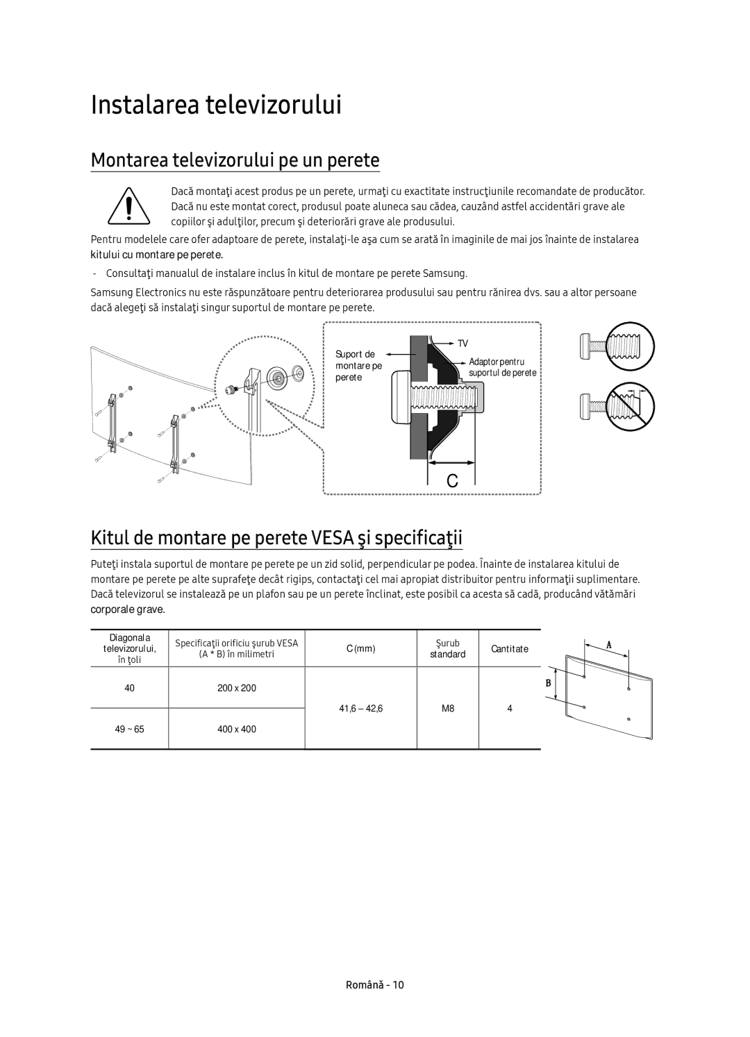 Samsung UE40KU6100WXXH, UE49KU6100WXXH, UE49KU6172UXXH manual Instalarea televizorului, Montarea televizorului pe un perete 