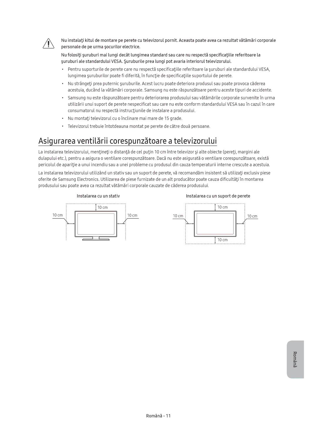 Samsung UE55KU6100WXXH, UE49KU6100WXXH manual Asigurarea ventilării corespunzătoare a televizorului, Instalarea cu un stativ 