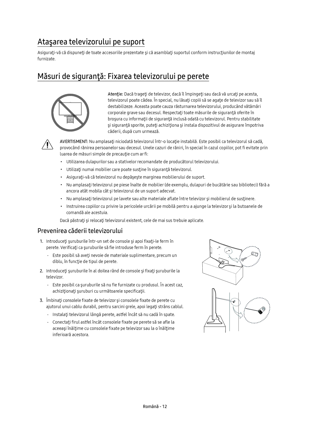 Samsung UE65KU6100WXXN manual Ataşarea televizorului pe suport, Măsuri de siguranţă Fixarea televizorului pe perete 