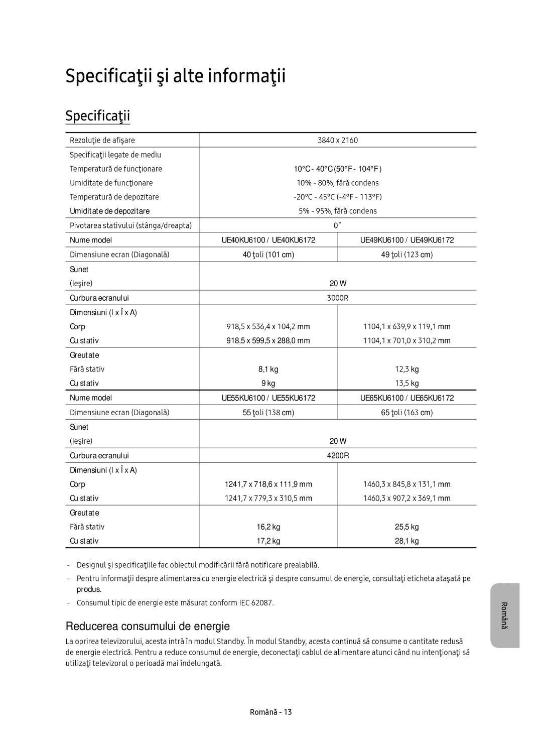 Samsung UE40KU6100WXXN, UE49KU6100WXXH, UE49KU6172UXXH Specificaţii şi alte informaţii, Reducerea consumului de energie 